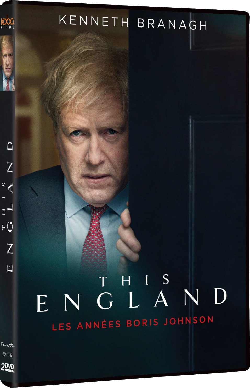 Jaquette DVD de 'This England' avec Kenneth Branagh en Boris Johnson, sortant d'une porte.