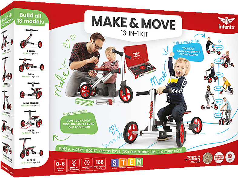 INFENTO Make & Move Kit - Roller, Laufrad und Balance Fahrrad in einem Kinderfahrzeugbaukasten Mehrfarbig