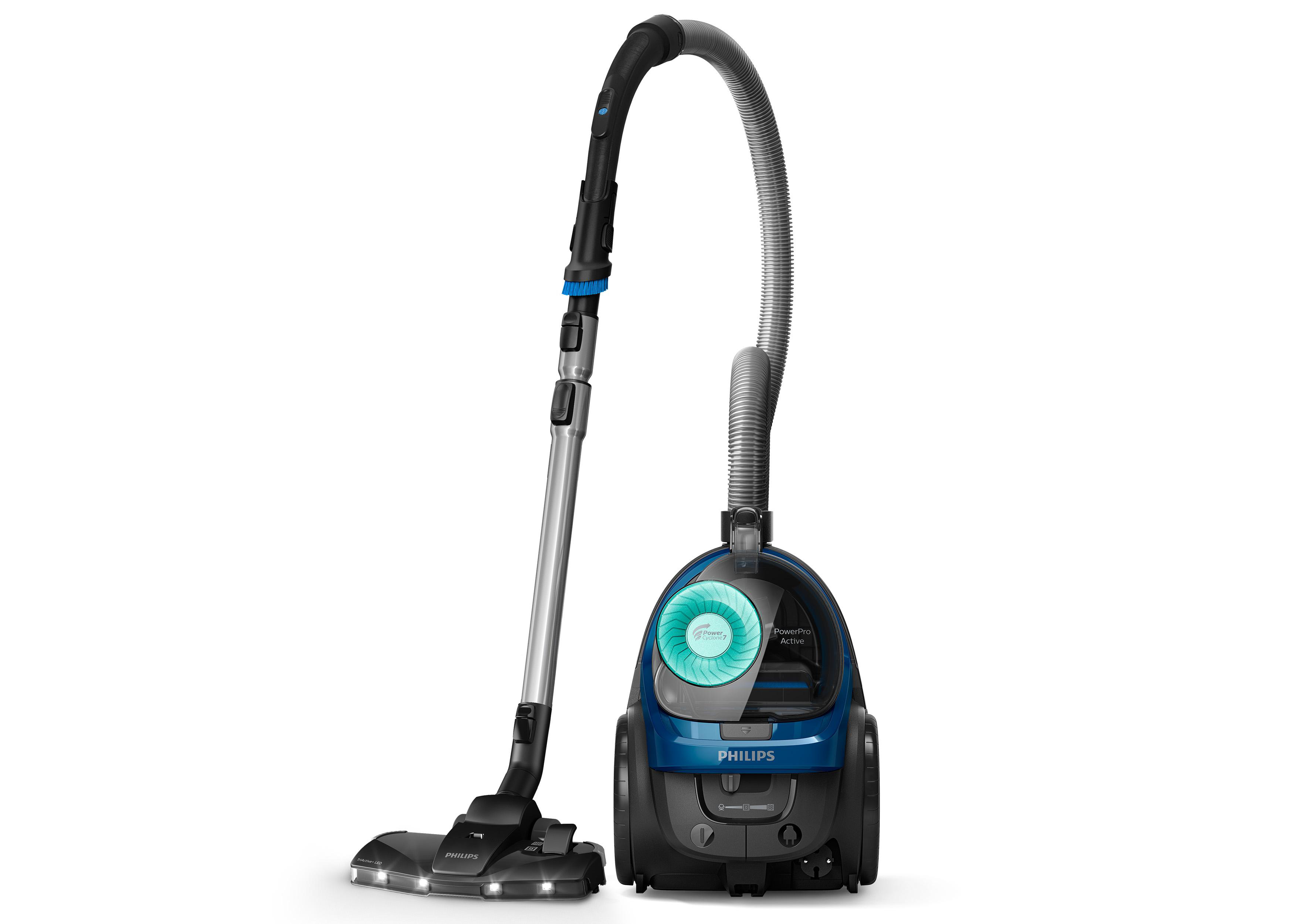 Ein blau-schwarzer Philips Staubsauger mit dem Kopf auf dem Boden.