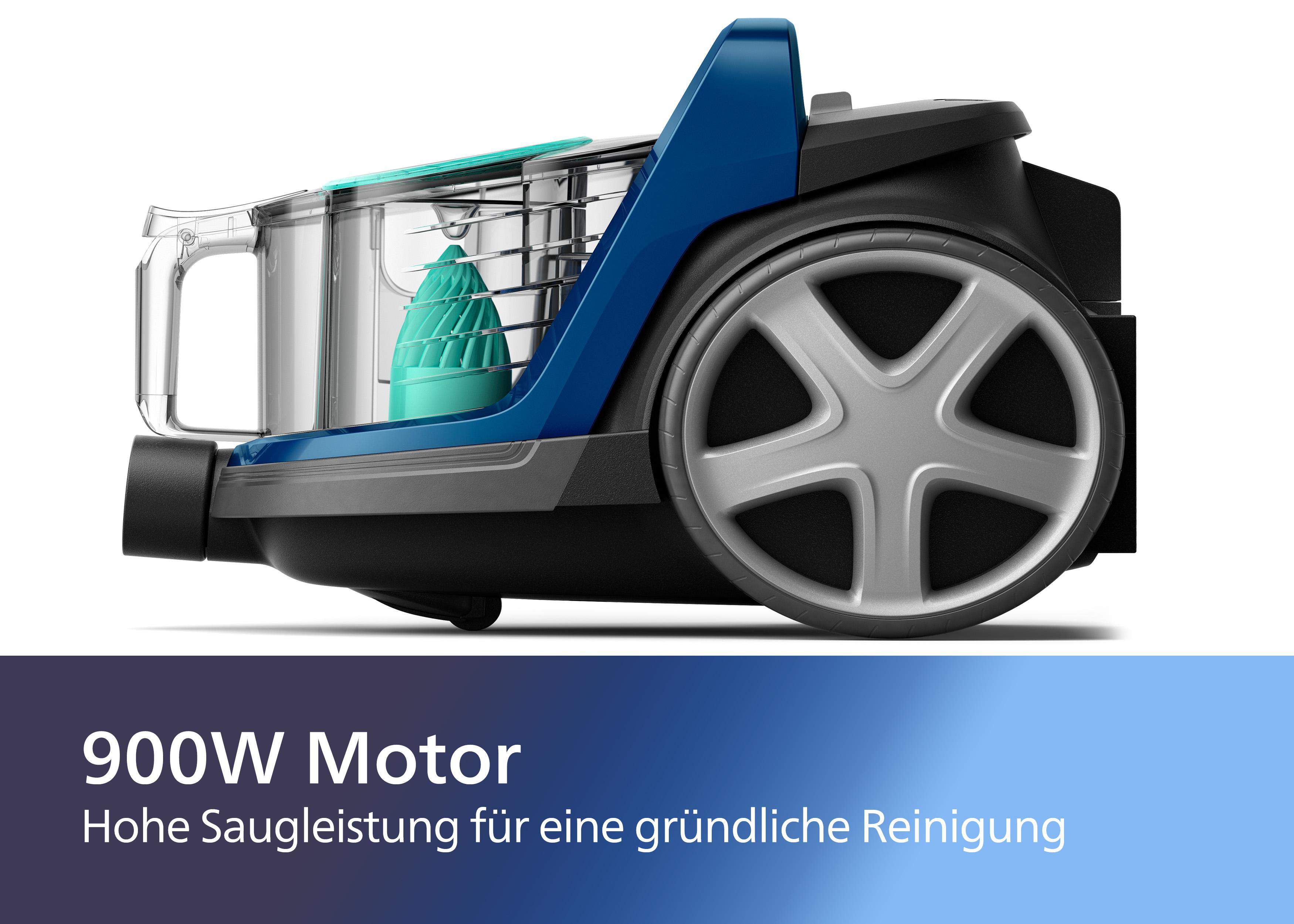Staubsauger mit durchsichtigem Fach. Blau-schwarzes Design, Text: 900W Motor.