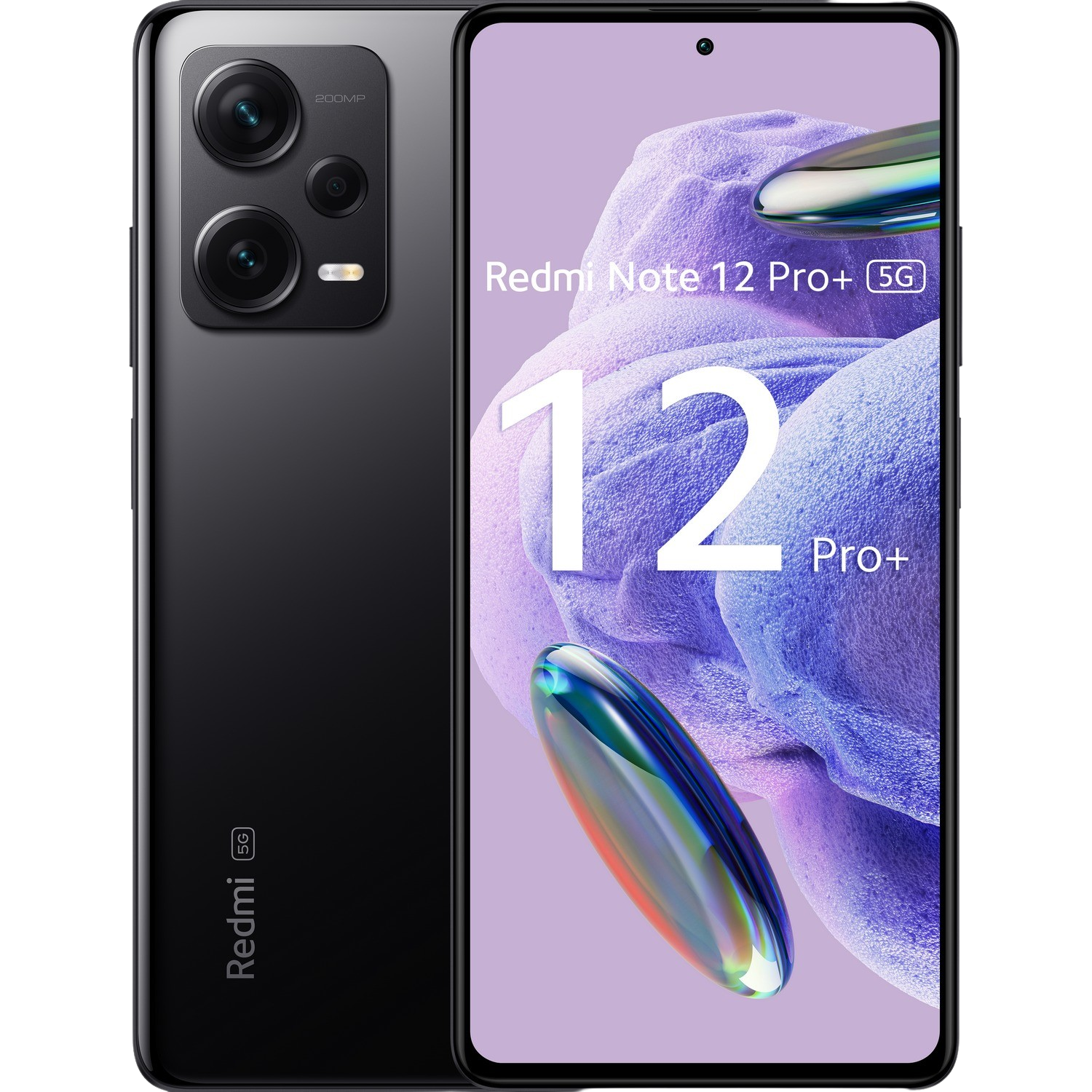 Zwarte smartphone, met de achterkant en het scherm, met de tekst 'Redmi Note 12 Pro+'.