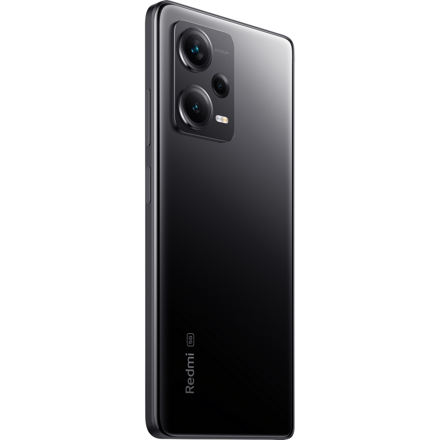 Zwarte Redmi 5G smartphone. Het heeft drie camera's aan de achterkant en een strak ontwerp met zwarte achtergrond.