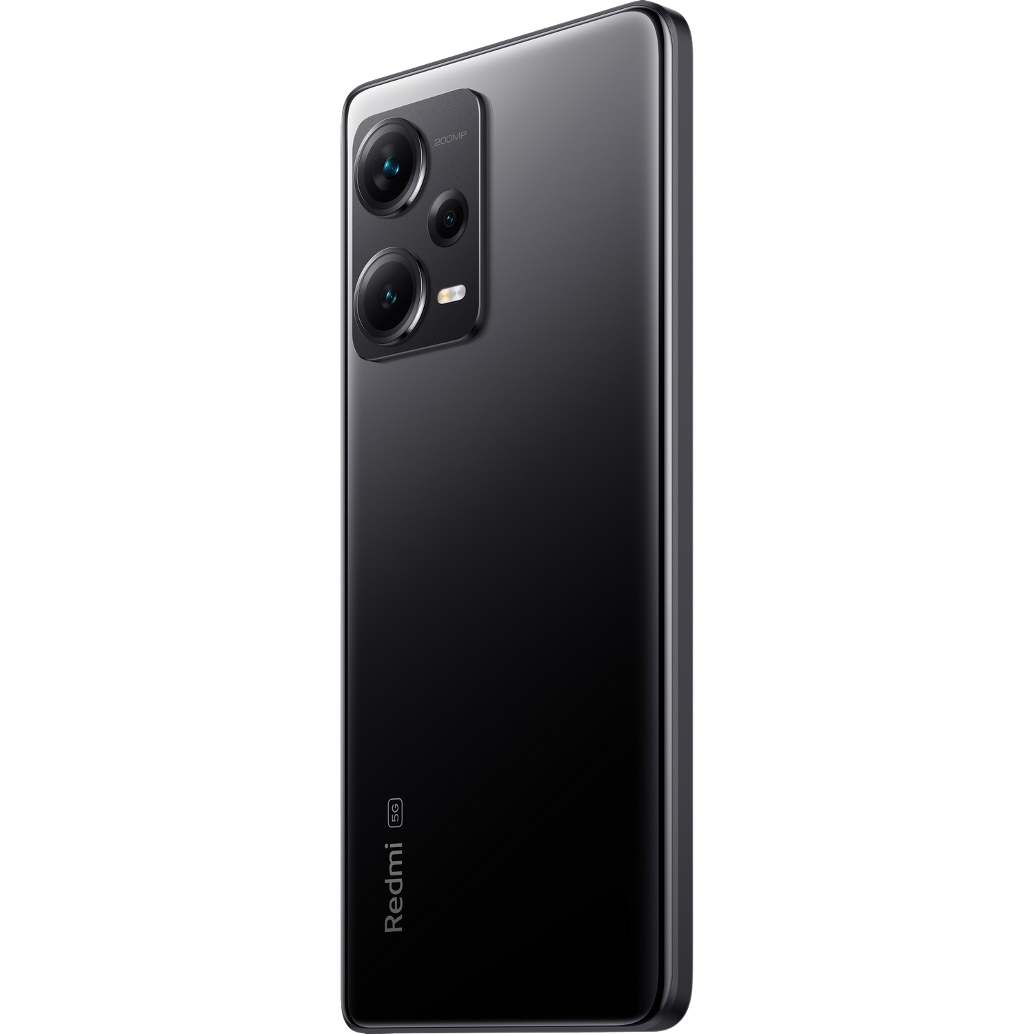 Zwarte smartphone, achterkant met cameralenzen en Redmi-logo.