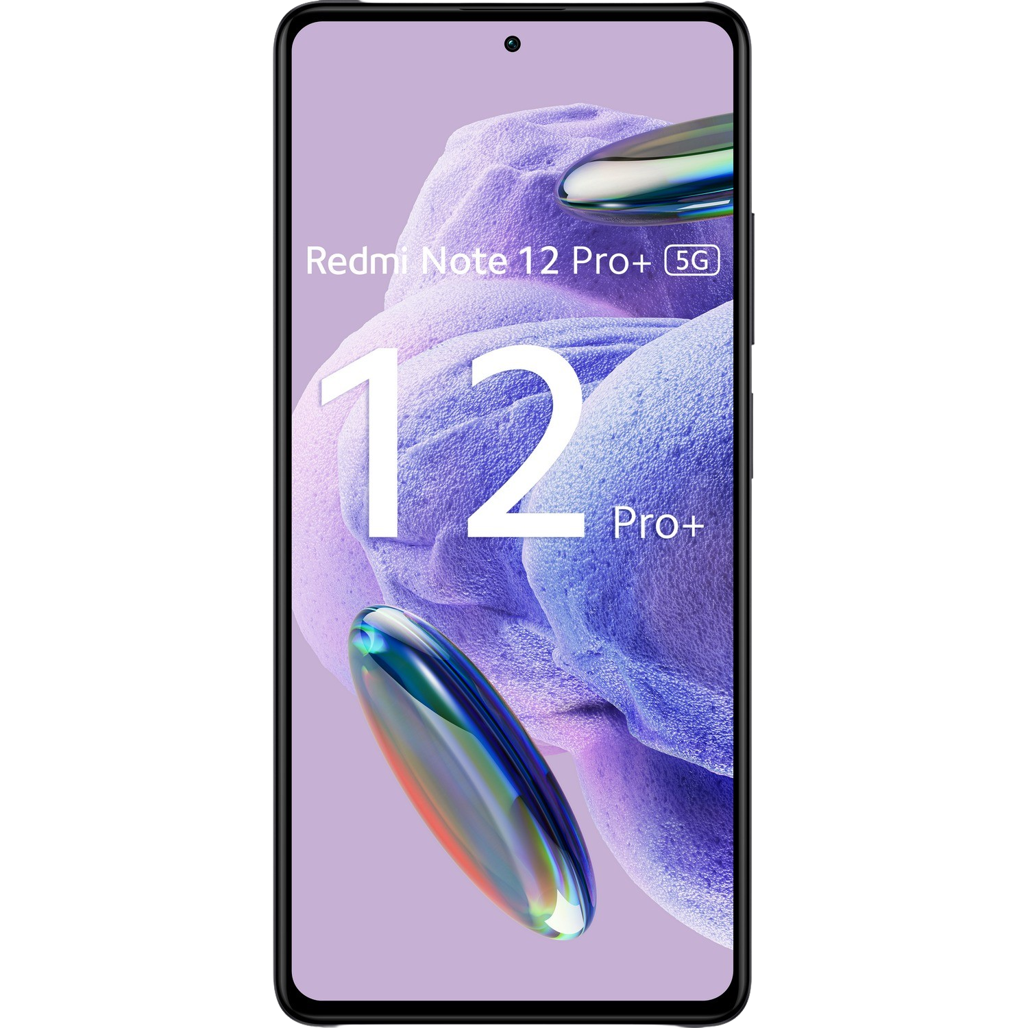 Een smartphone met een groot display, met een kleurrijk abstract behang.