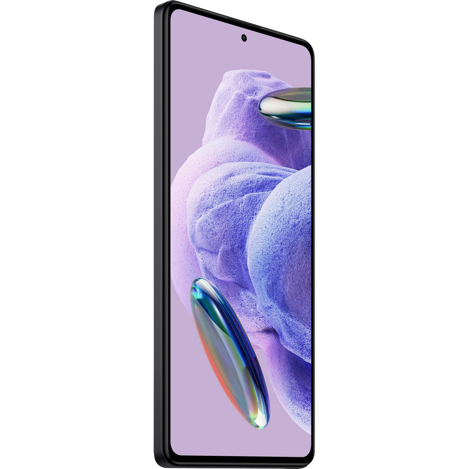Een smartphone met een lavendelkleurig scherm met abstracte vormen.