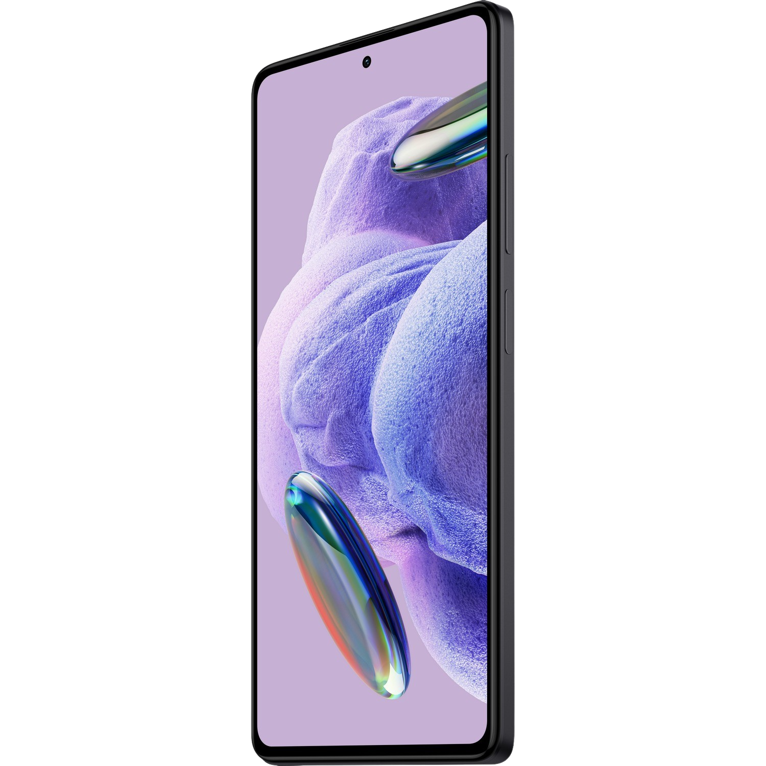 Een zwarte smartphone, met een paarse en blauwe abstracte afbeelding op het scherm.