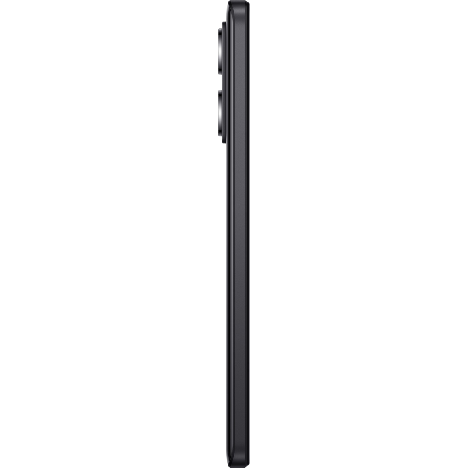Een zwarte smartphone, van opzij gezien, tegen een zwarte achtergrond, toont het slanke profiel.