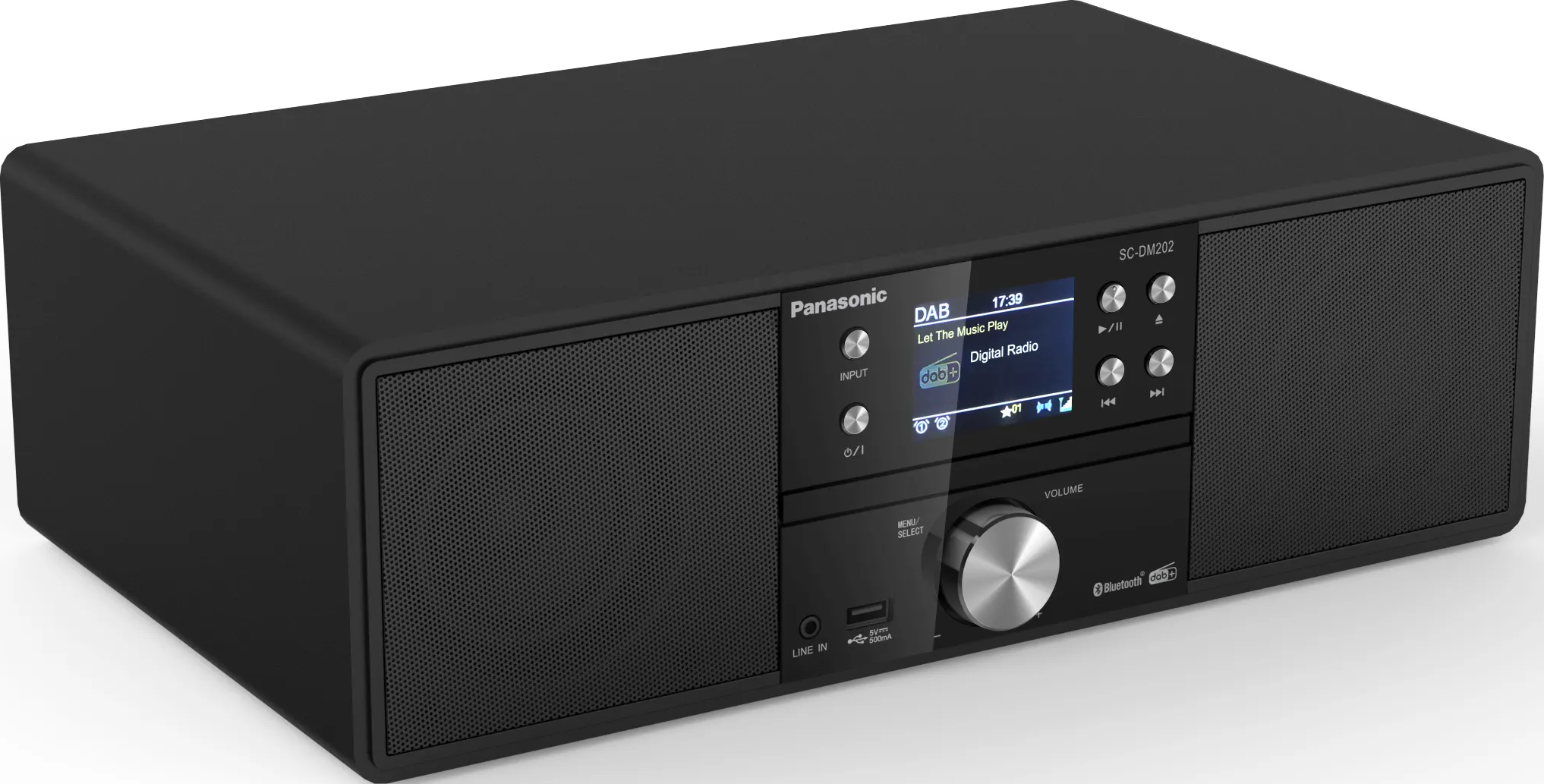 Radio Panasonic noire avec écran. L'écran affiche des informations de radio numérique.
