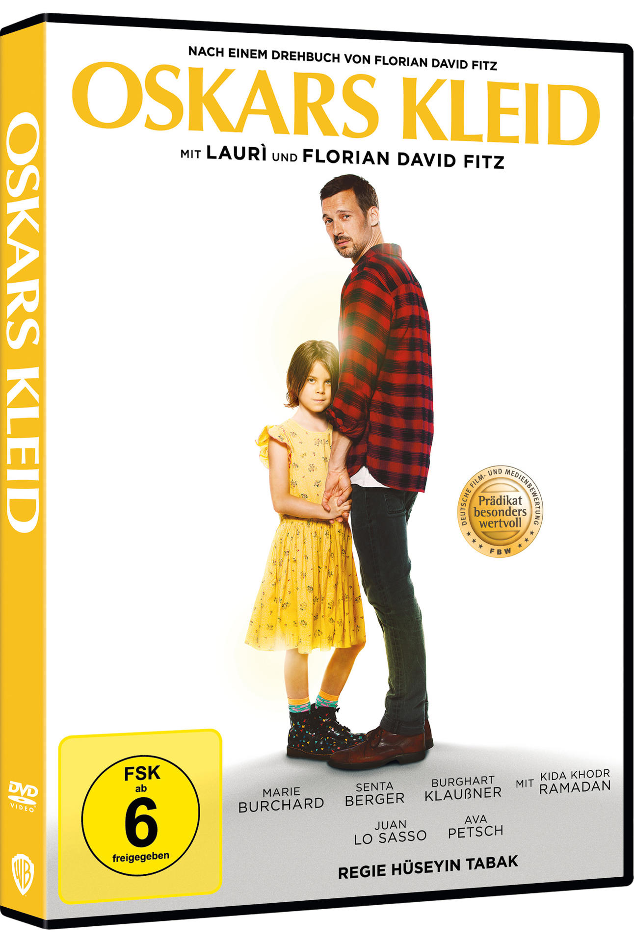 DVD-Cover von 'Oskars Kleid'. Ein Mann und ein Mädchen halten Händchen, mit Filmguthaben.