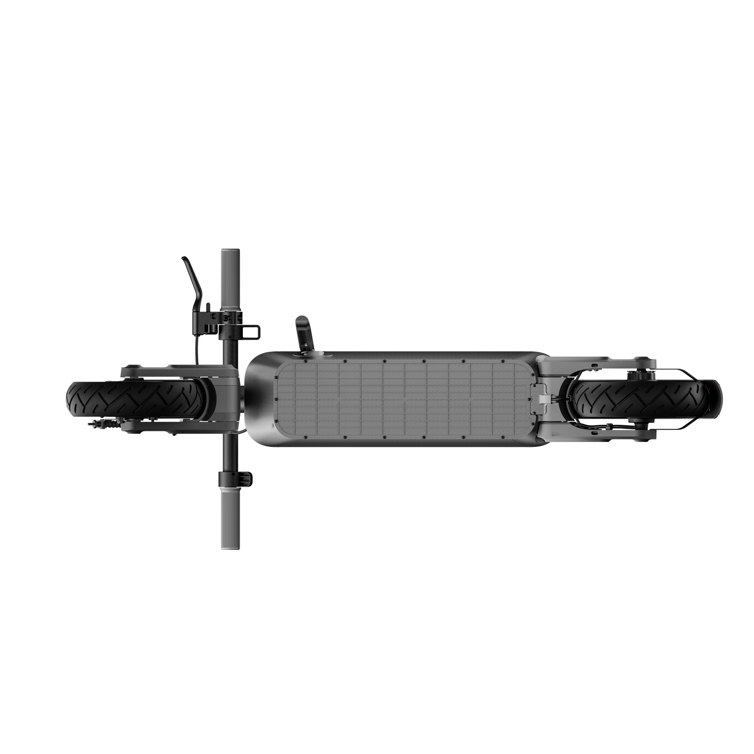 Vista superior de un patinete eléctrico negro y gris. Las ruedas están a cada lado con una plataforma central.