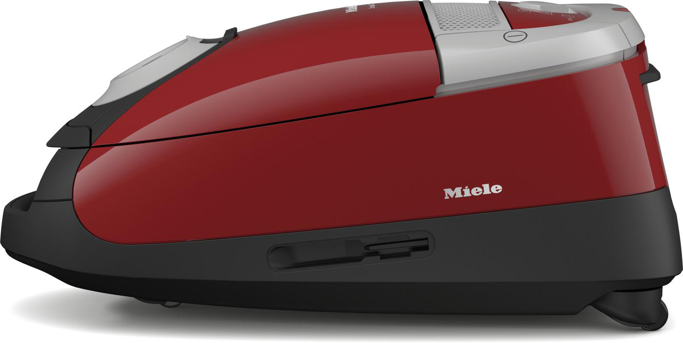 Roter Staubsauger mit schwarzem Sockel, Miele-Markenname.