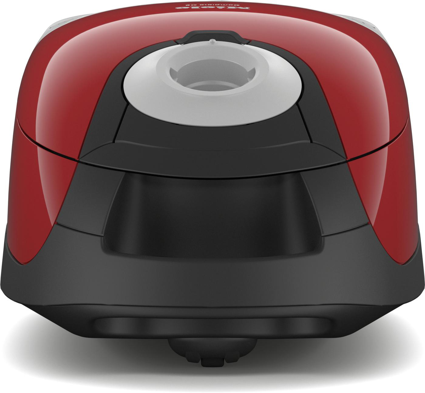 Ein rot-schwarzer Staubsauger mit rundem Design.
