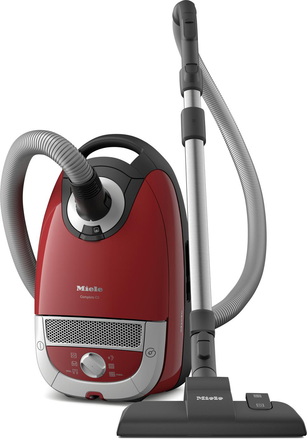 Roter Miele Staubsauger mit silbernen Details. Er hat einen Schlauch, einen Griff und einen Bodeneinsatz. Weißer Hintergrund.