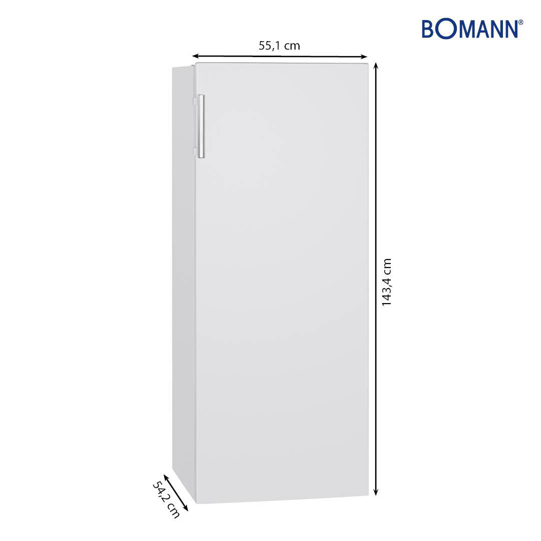Weißer Kühlschrank mit Maßen auf weißem Hintergrund. Markenlogo oben rechts.