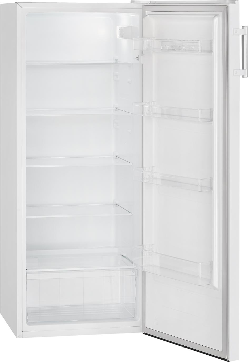 Ein weißer Kühlschrank mit geöffneter Tür, der Regale und eine Schublade zeigt. Der Innenraum ist leer.