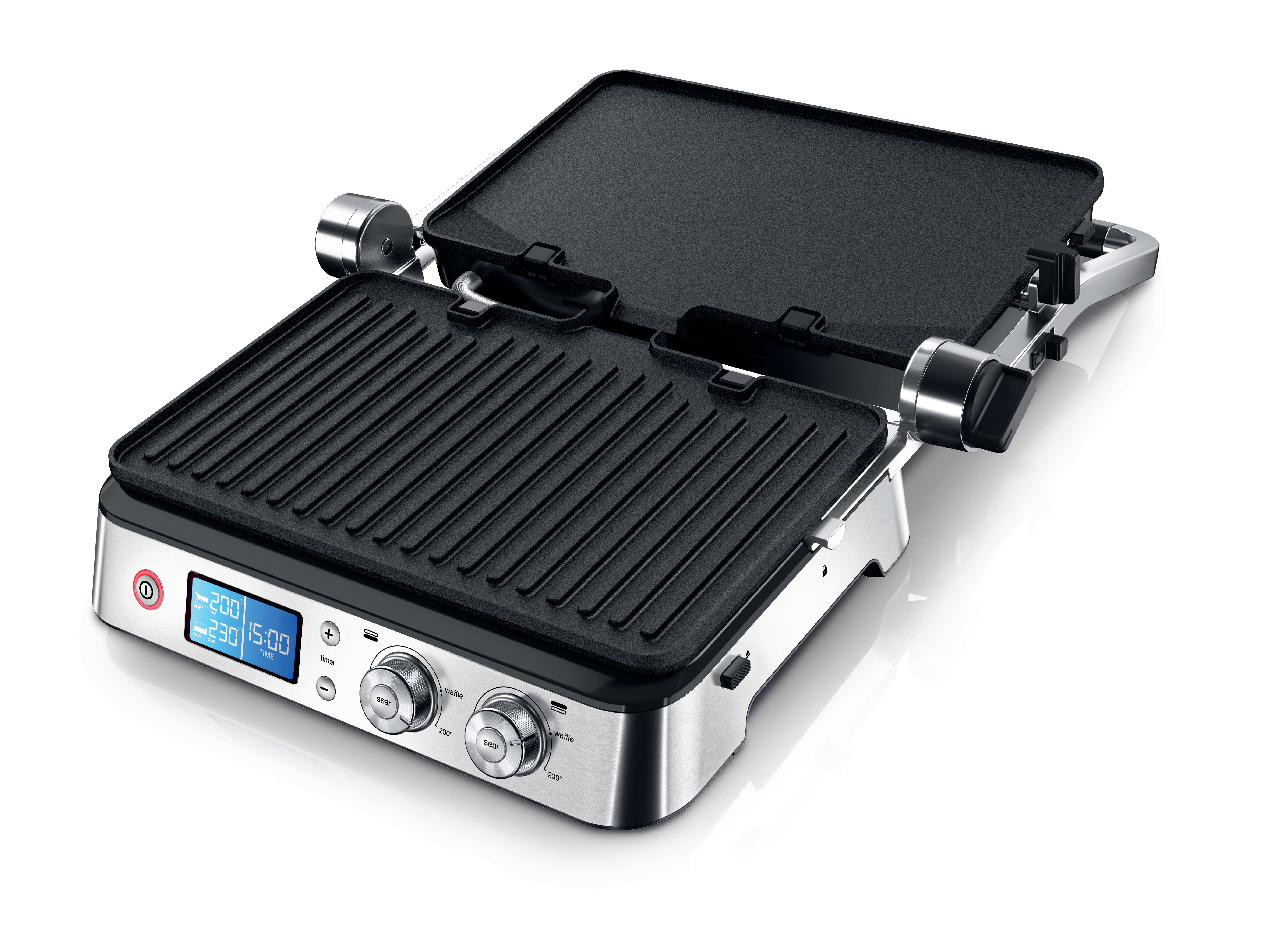 Ein silberner und schwarzer Grill mit geöffnetem Deckel, der die Grillfläche und Bedienelemente zeigt.