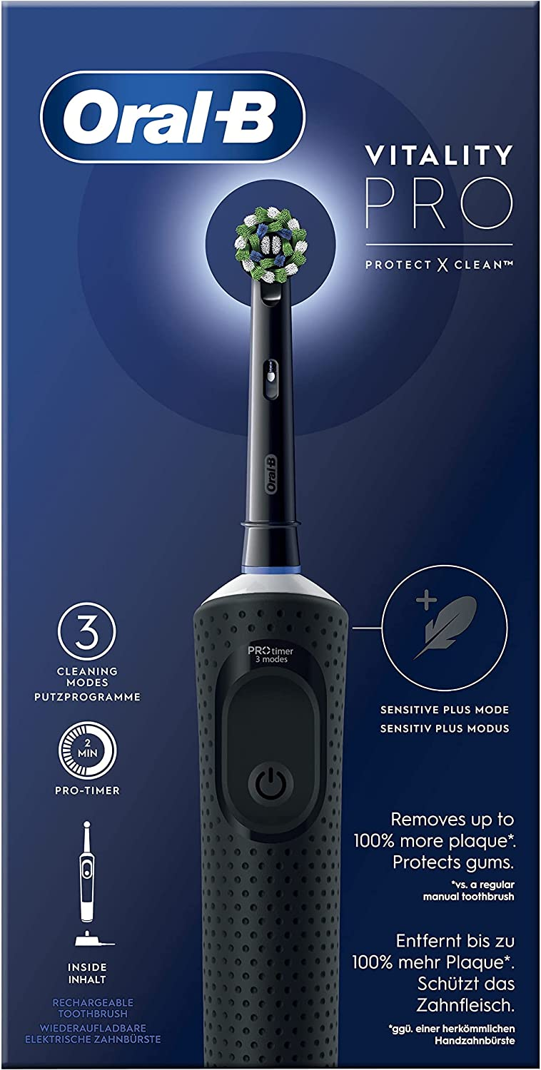 Brosse à dents électrique Oral-B. Manche noir, tête de brosse et informations sur l'emballage.
