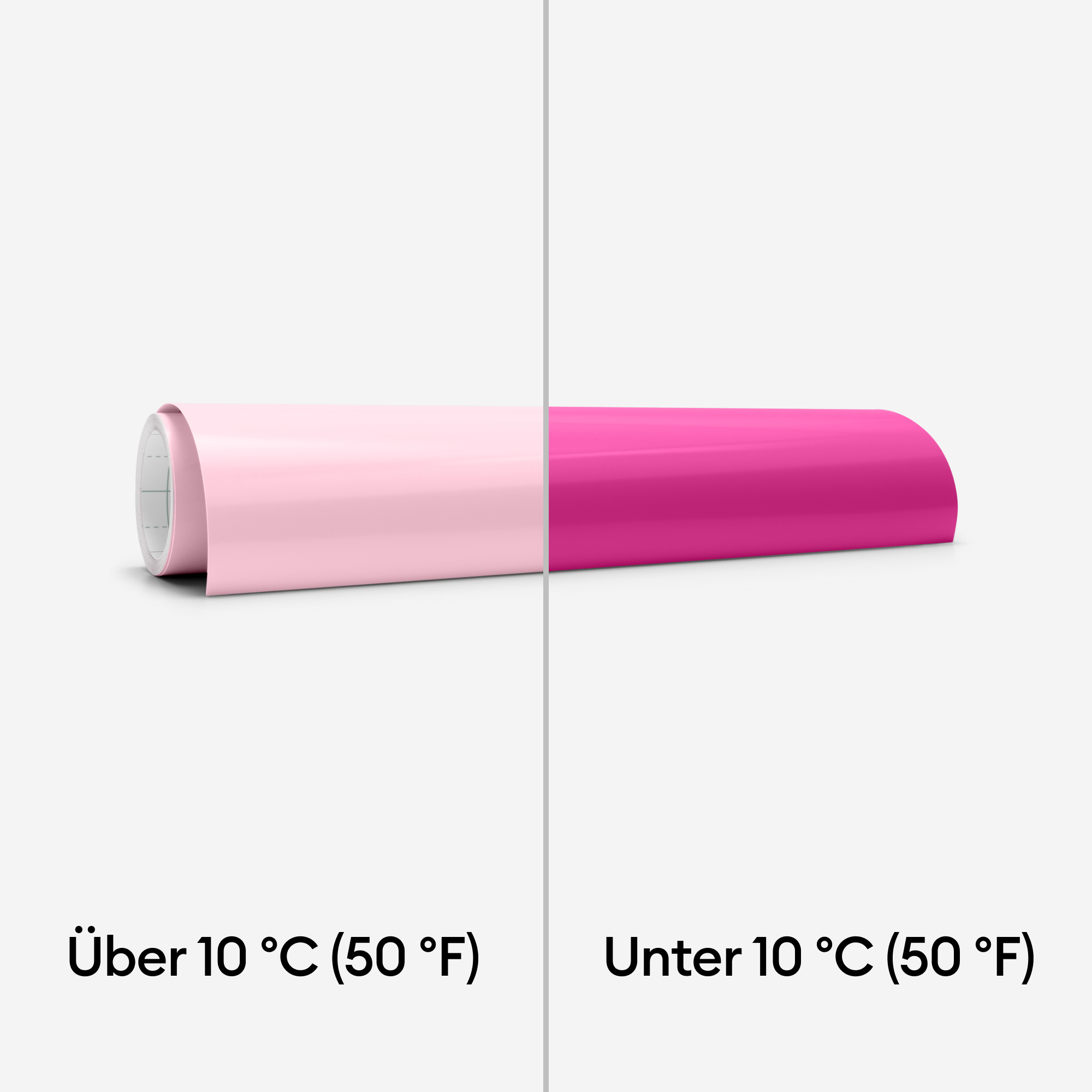 Rosa Vinylrolle, unter und über 10 Grad Celsius. Rosa und lila Farbe.