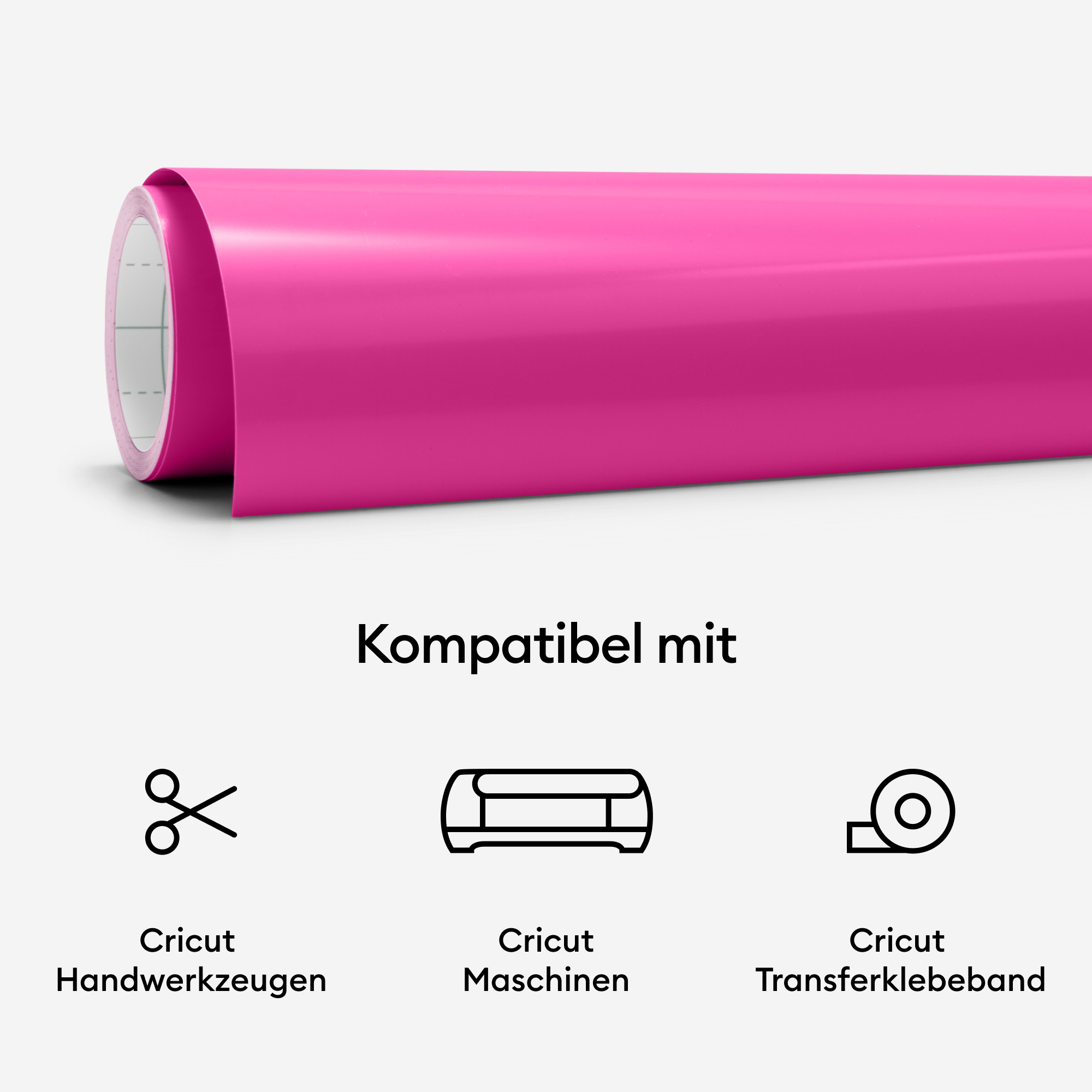 Eine Rolle leuchtend pinkfarbenes Vinyl mit Grafiken von Scheren, Cricut-Maschinen und Transferband.