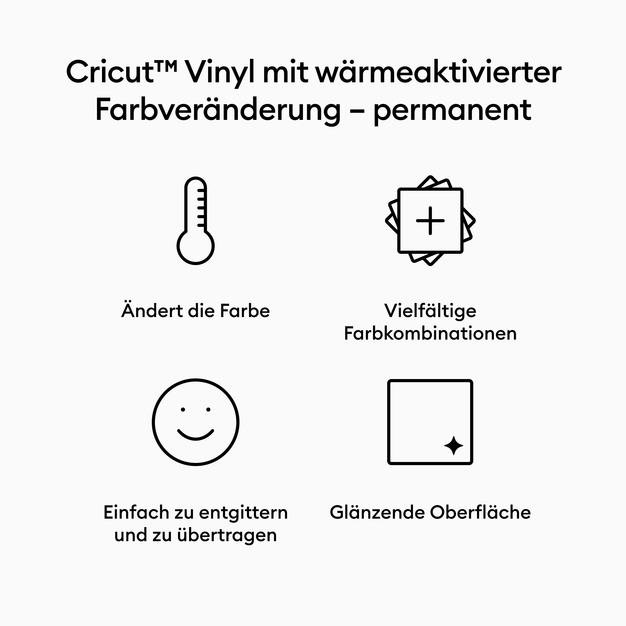 Weißer Hintergrund mit vier Symbolen und Text. Symbole zeigen Thermometer, Pluszeichen, Lächeln und Quadrat.