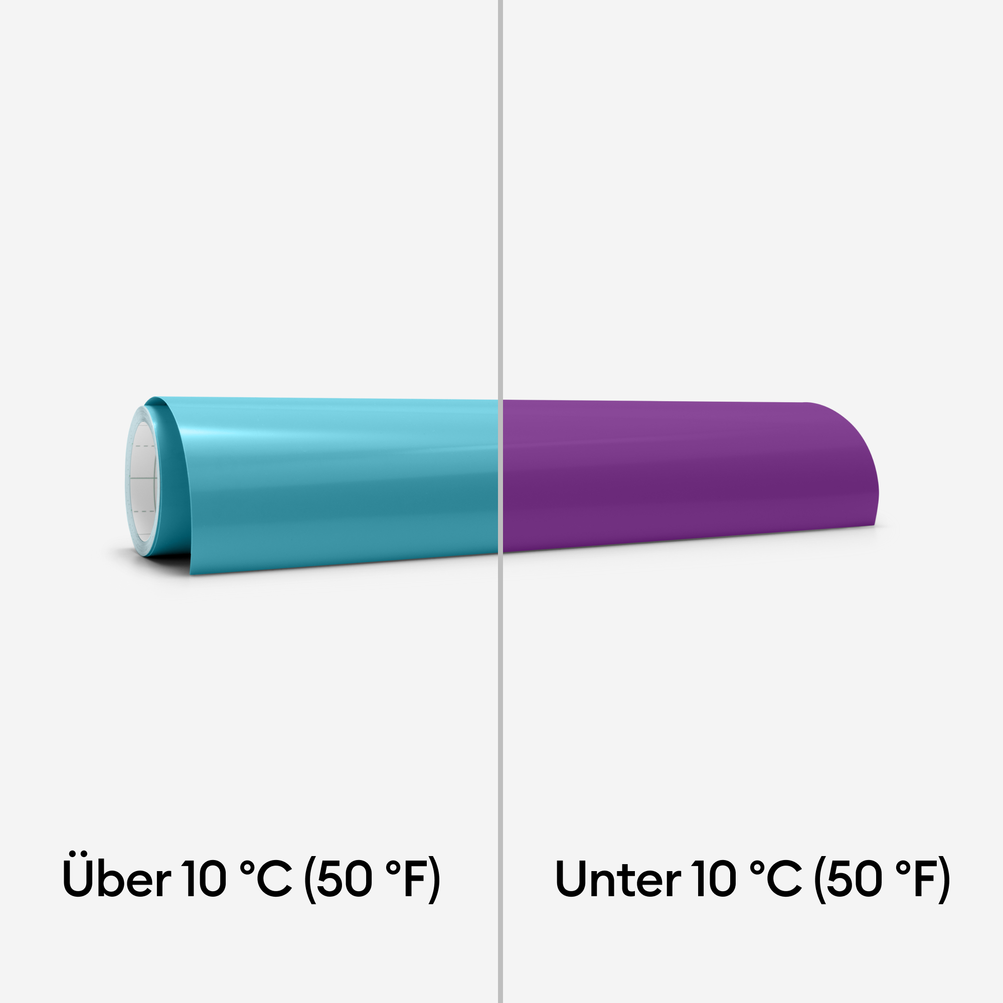 Rolle türkisfarbenes Vinyl. Rechts ist das Vinyl lila. Text zeigt Temperatur.