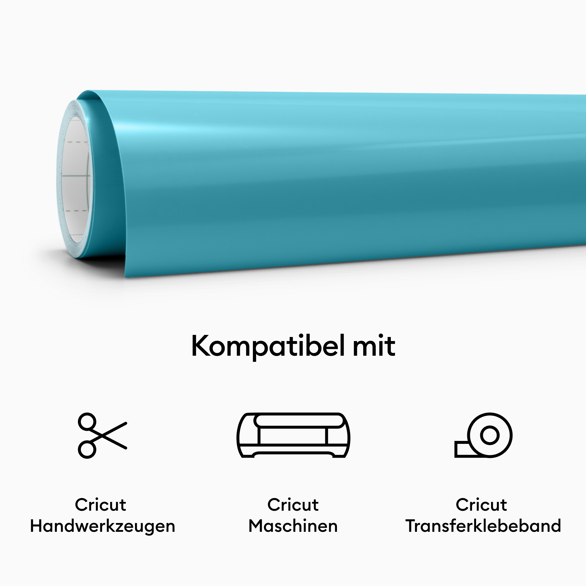 Blaue Vinylrolle mit Text und Symbolen, die Schneidwerkzeuge und Maschinen angeben.
