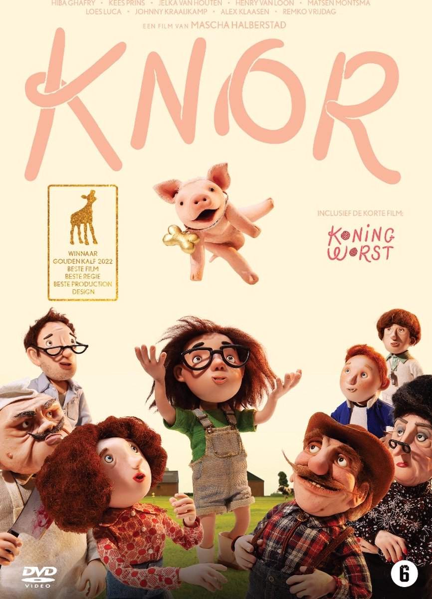 Affiche de film avec des personnages de dessins animés. Un cochon avec un os vole au-dessus d'un groupe de personnes sur fond vert.