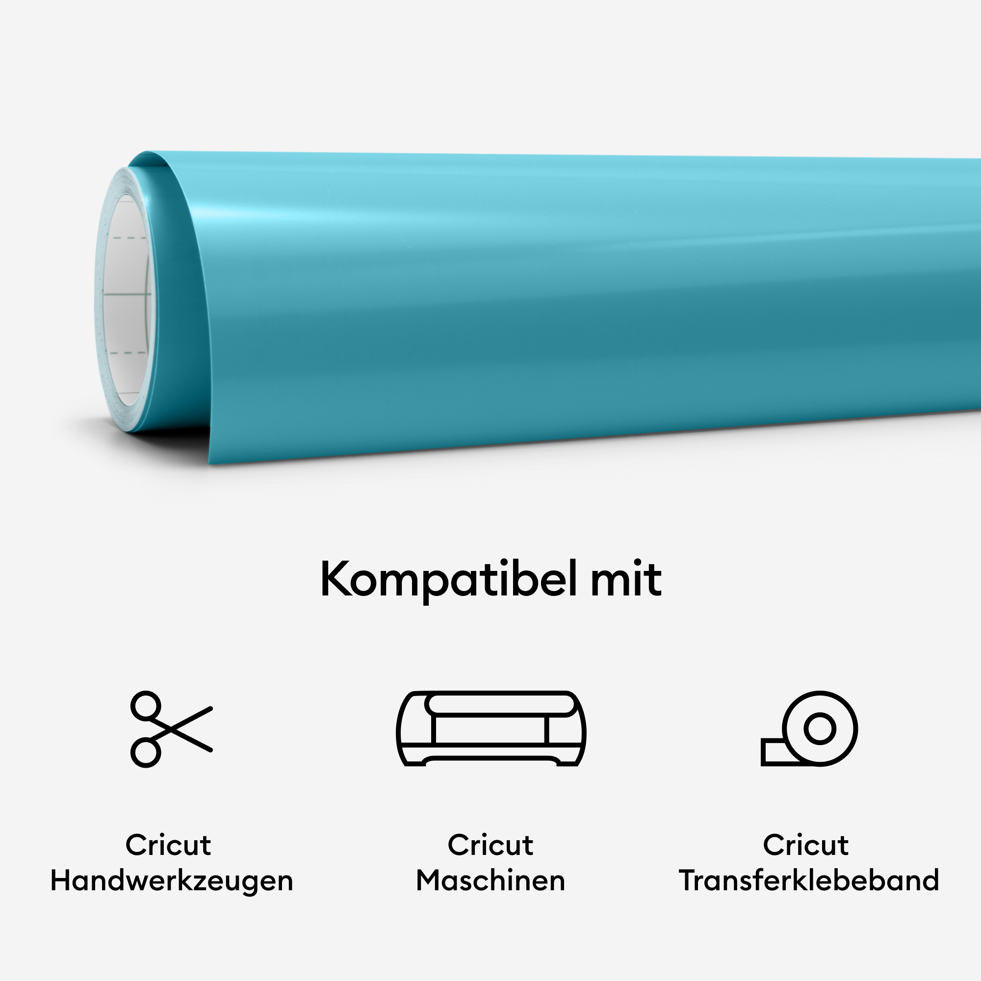 Eine Rolle türkisfarbenes Vinyl mit Symbolen von Schere, Maschine und Klebeband, die Kompatibilität anzeigen.