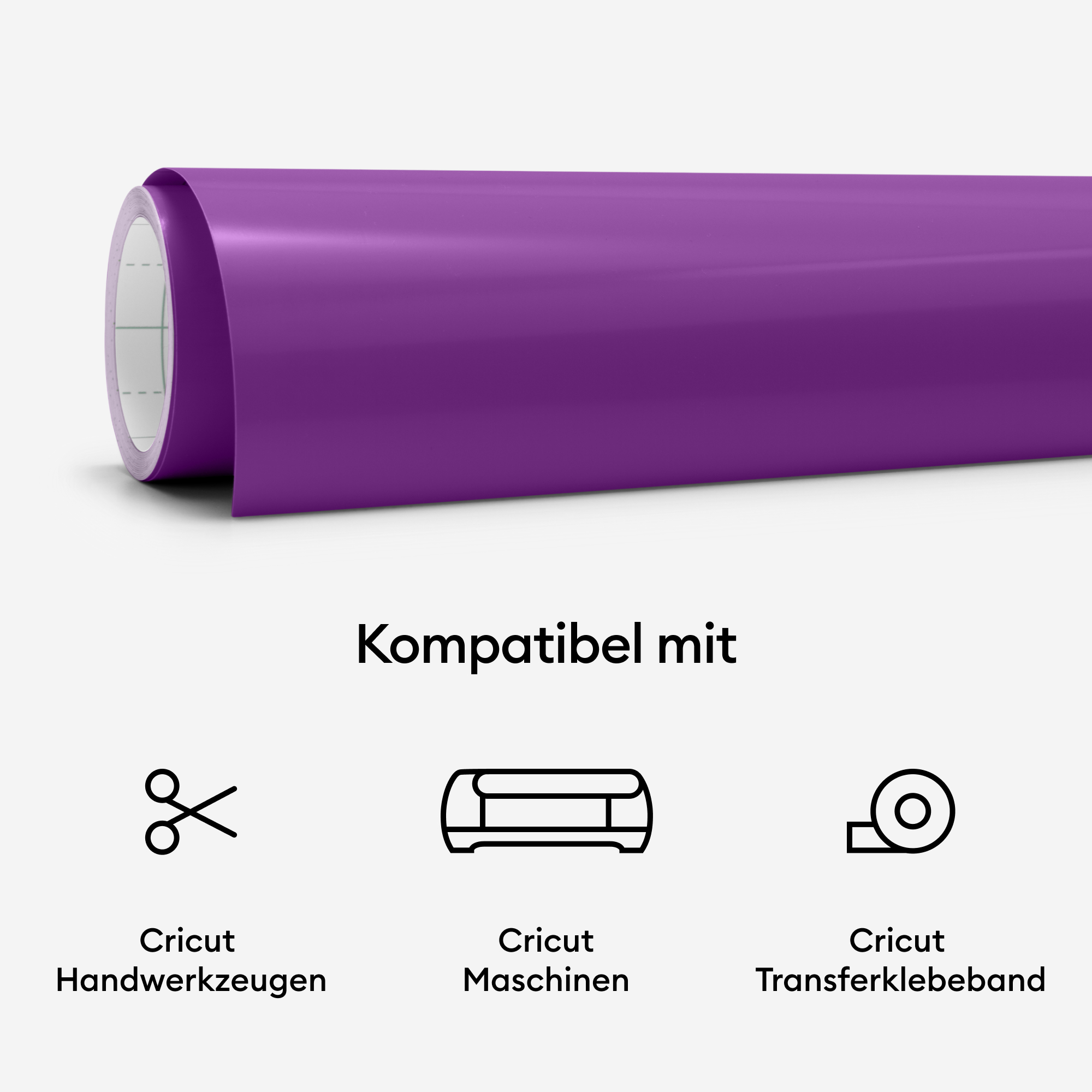 Violette Vinylrolle mit Symbolen von Schere, Cricut Maschine und Transferband, Text auf Deutsch.