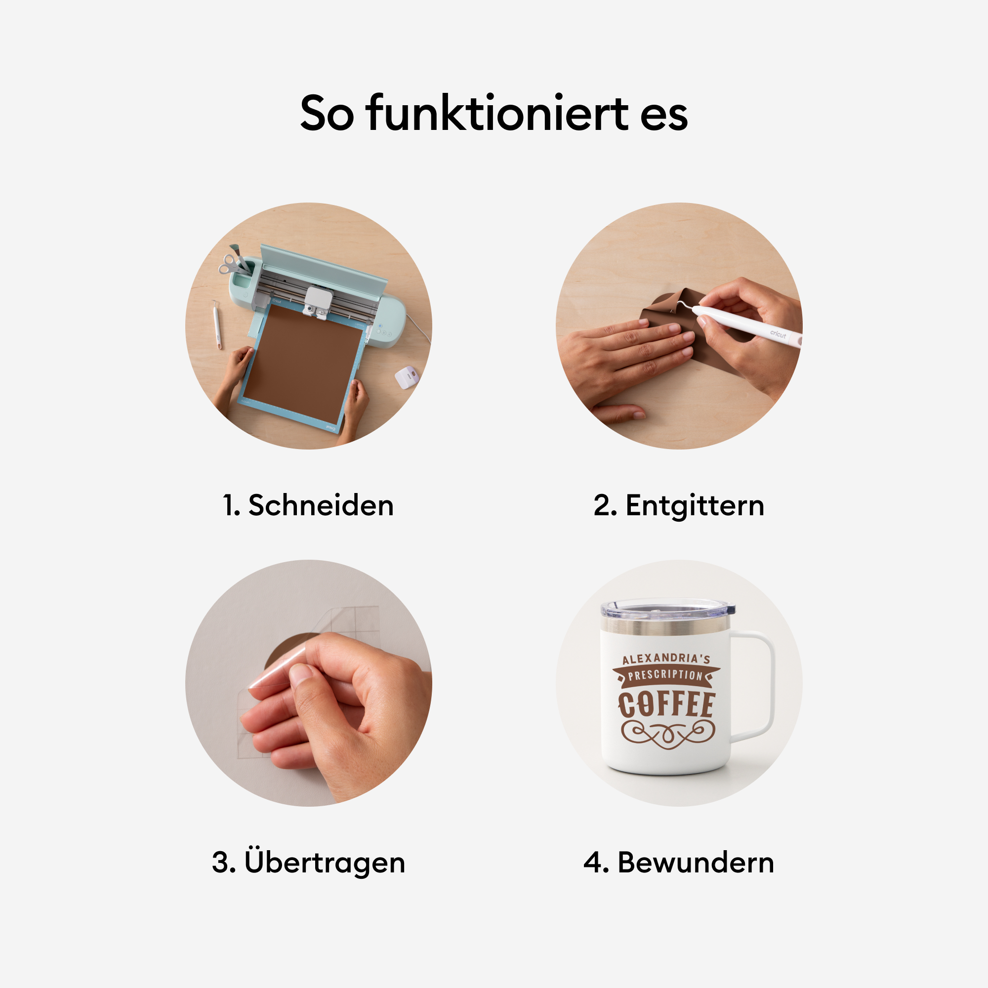 Vier Bilder: Schneiden, Entgittern, Übertragen und Bewundern. Bastelschritte zeigend. Heller Hintergrund.