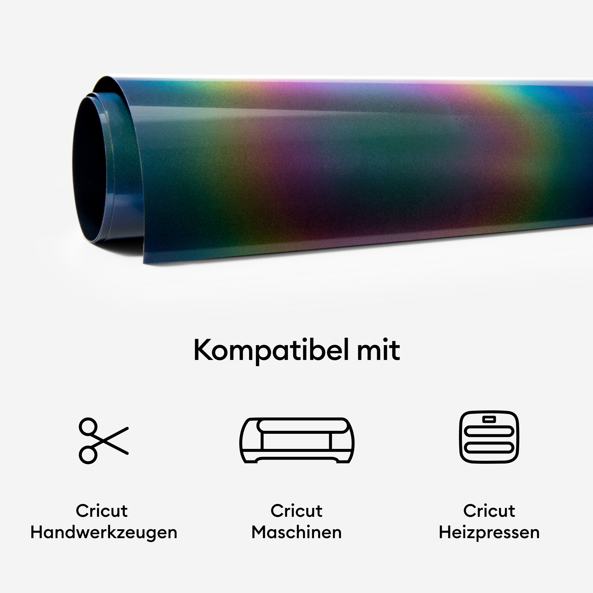 Eine Rolle schillerndes Vinyl mit Symbolen für Scheren, Cricut-Maschinen und Hitzepressen.