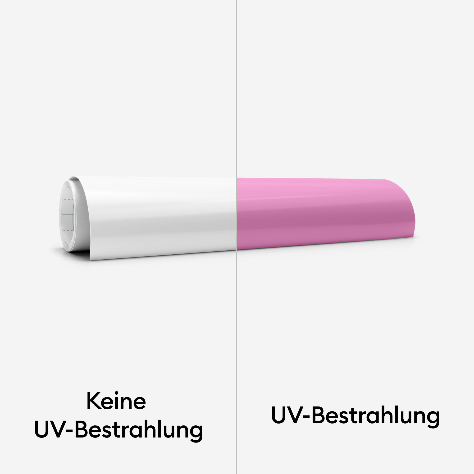 Zwei Materialrollen, eine weiße und eine rosa, mit Text, der UV-Belichtung angibt.