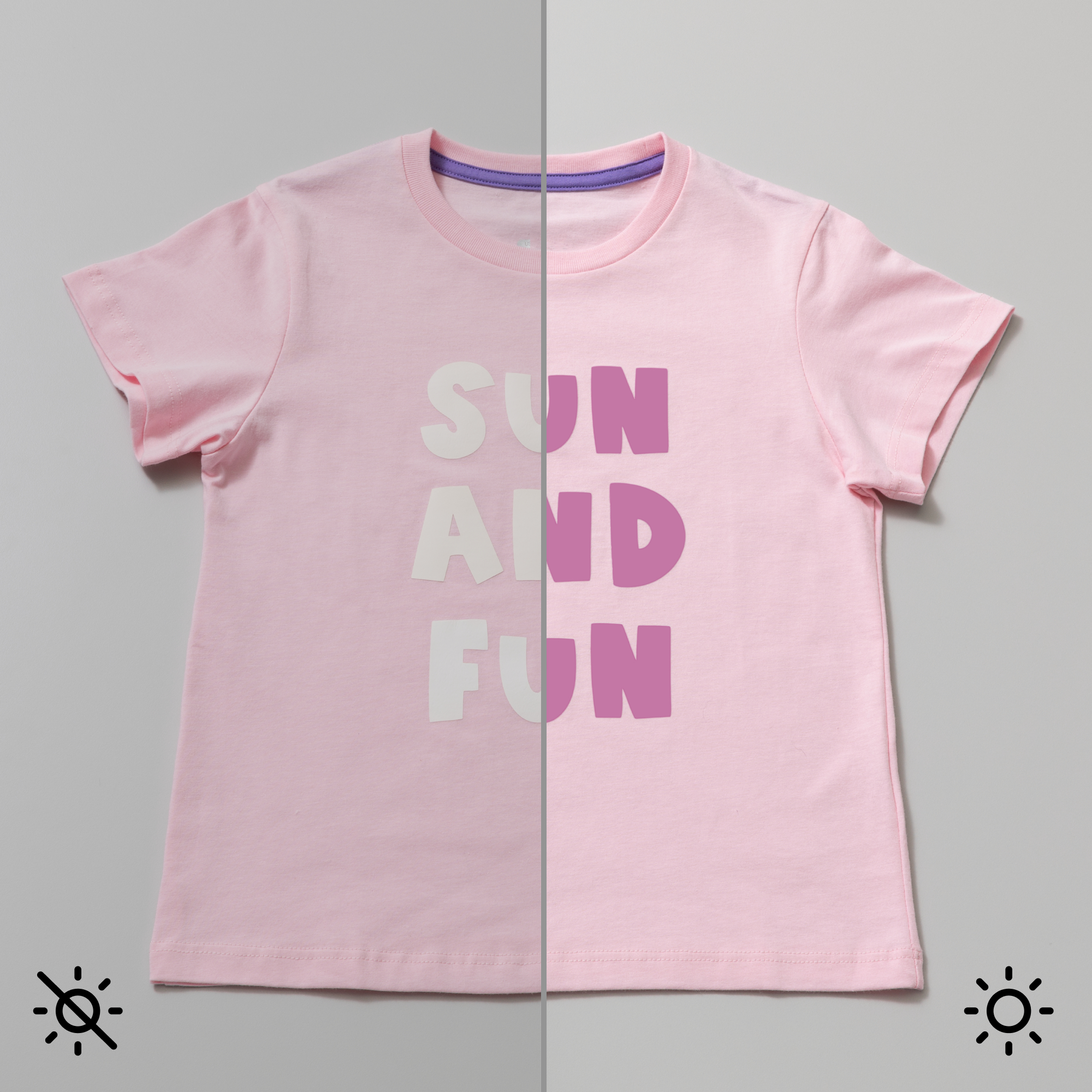 Rosa T-Shirt mit weißem und lila Text: SONNE UND SPASS.
