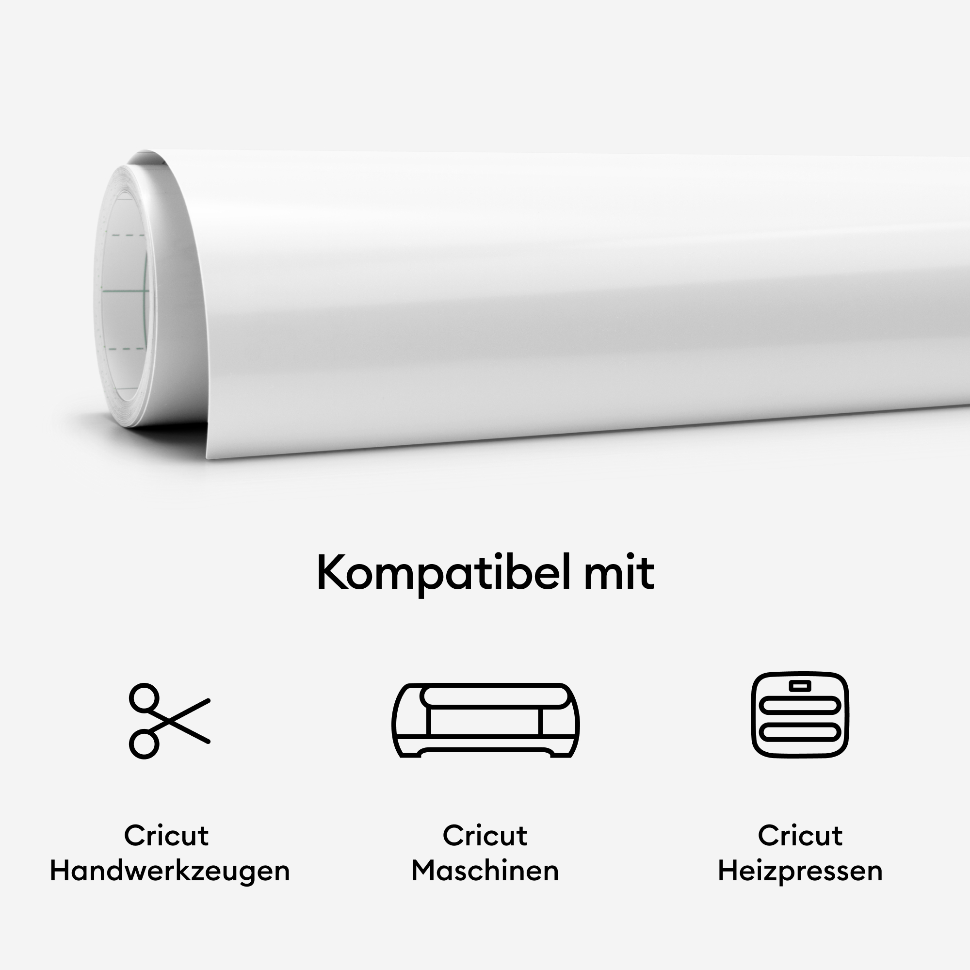 Eine weiße Vinylrolle mit Symbolen für Cricut-Werkzeuge, -Maschinen und -Heizpressen.