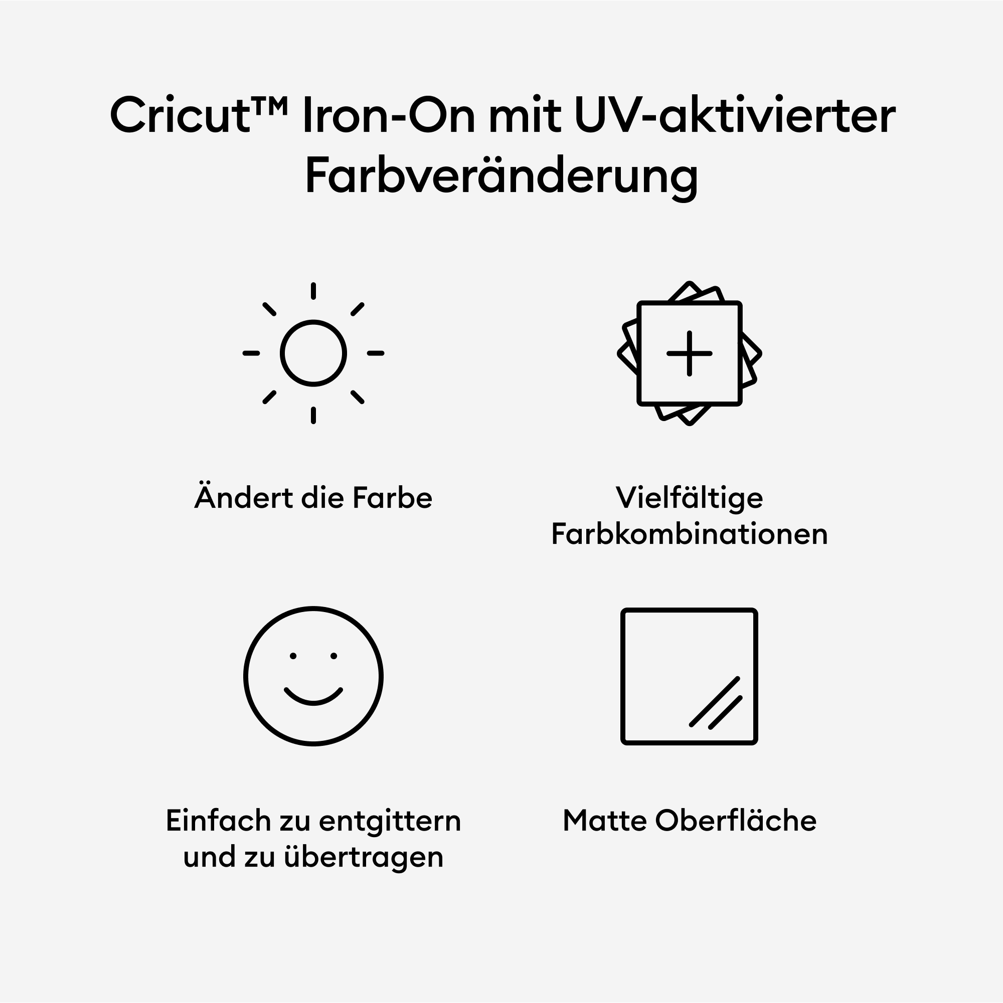 Infografik mit Symbolen und Text über Cricut Iron-On mit UV-Farbwechselfunktion.