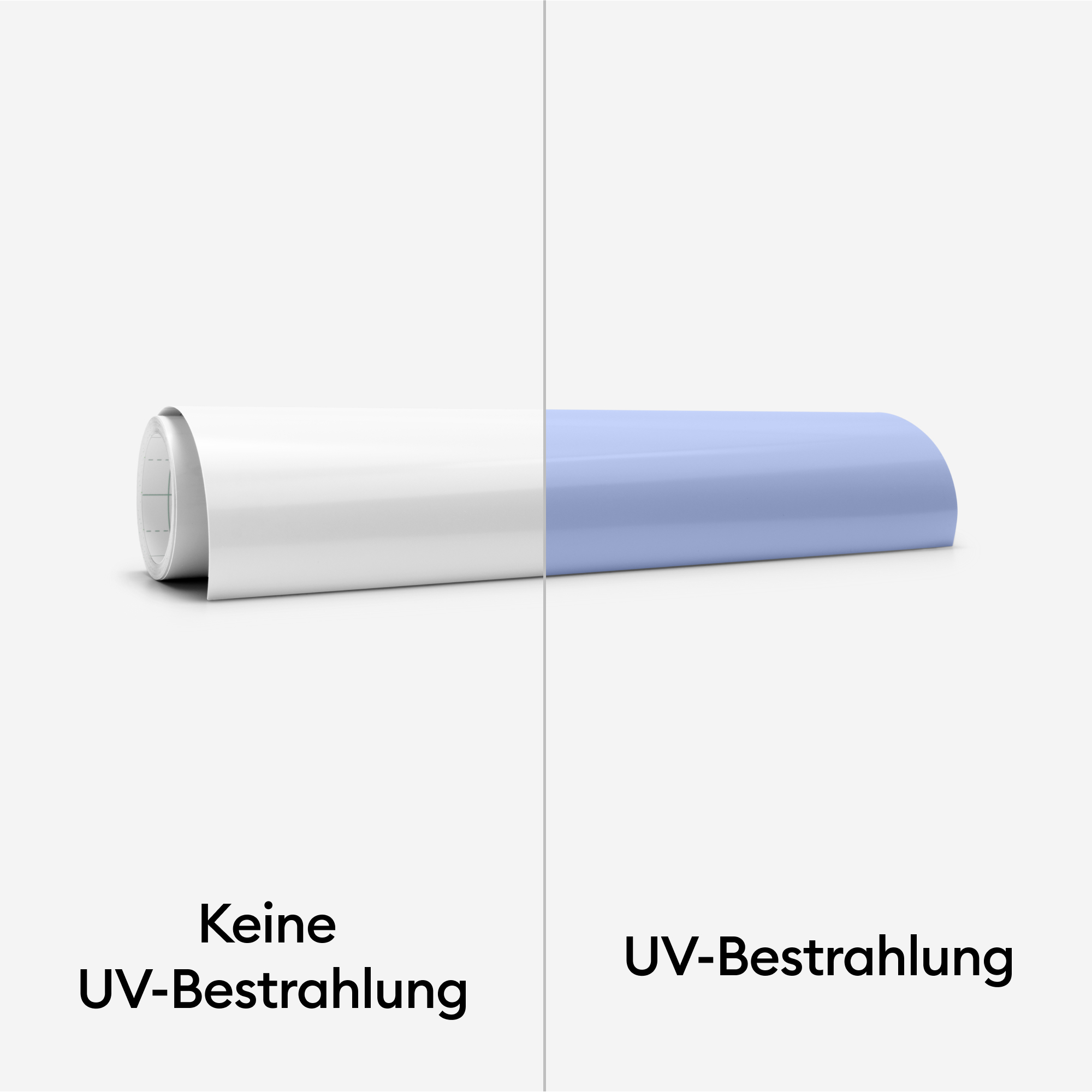 Zwei Papierrollen, eine weiß, eine hellblau, mit Text, der UV-Exposition anzeigt.