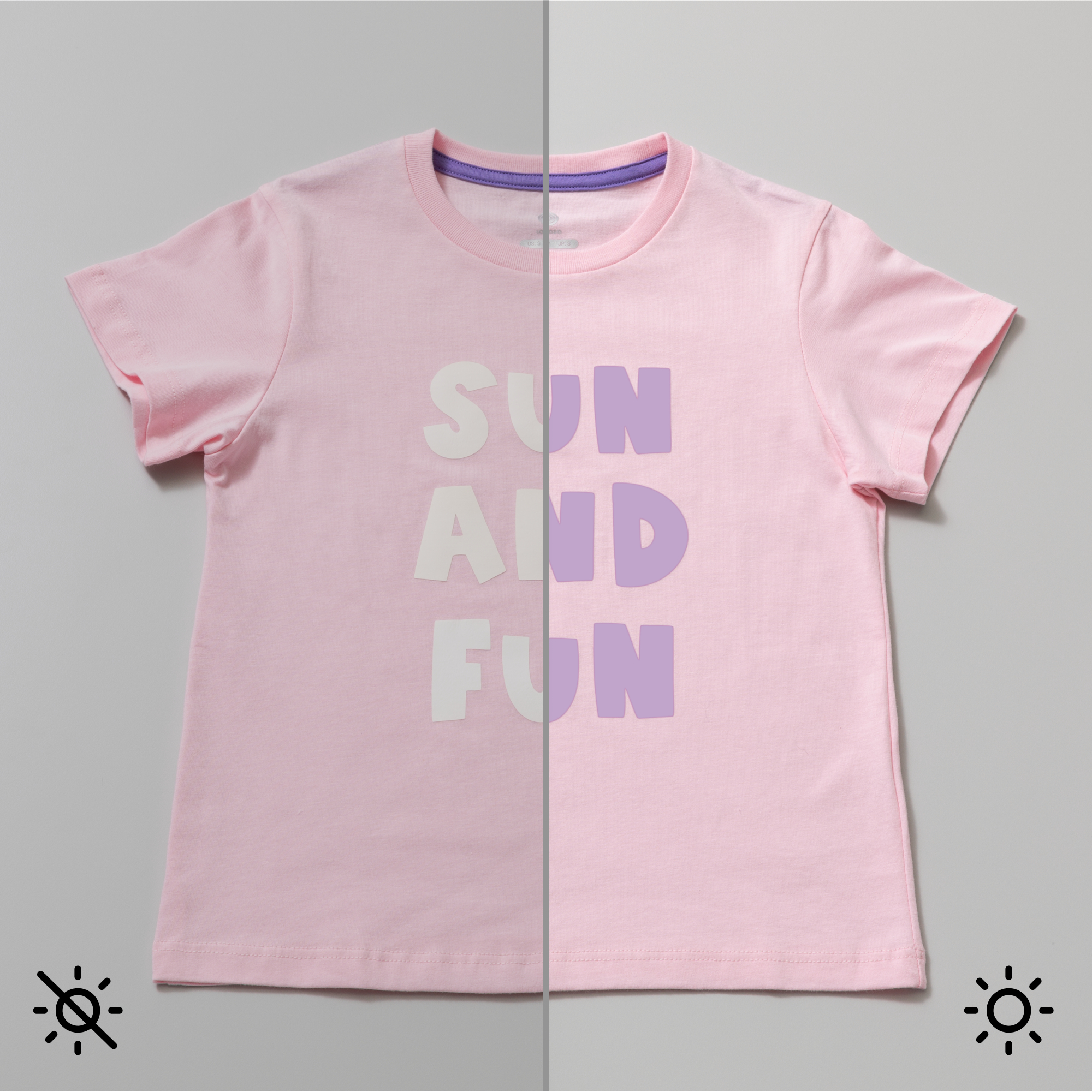 Rosa T-Shirt mit weißem und lila Text, halb Licht, halb Schatten.