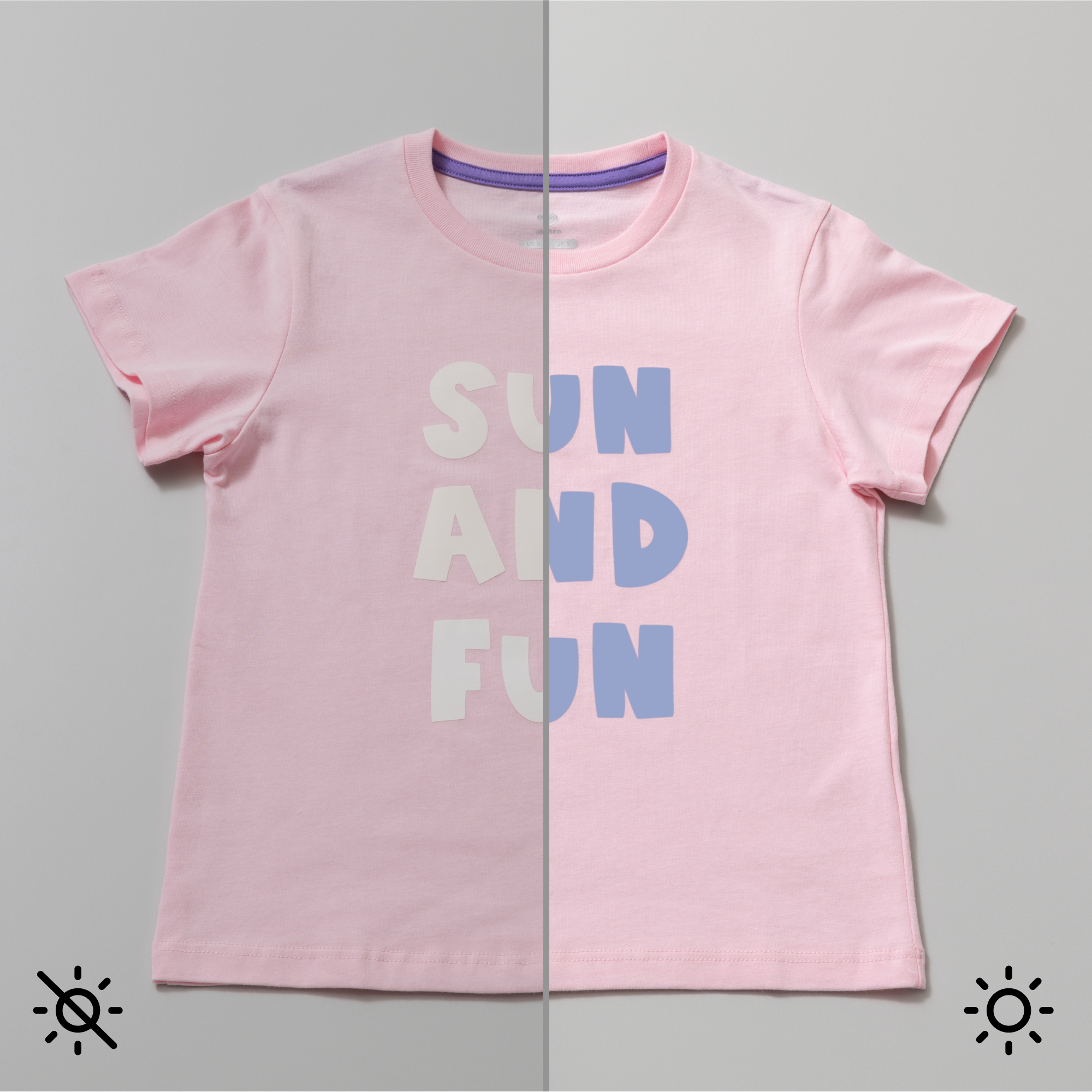 Rosa T-Shirt mit dem Text "SUN AND FUN" in zwei Lichtverhältnissen gezeigt.