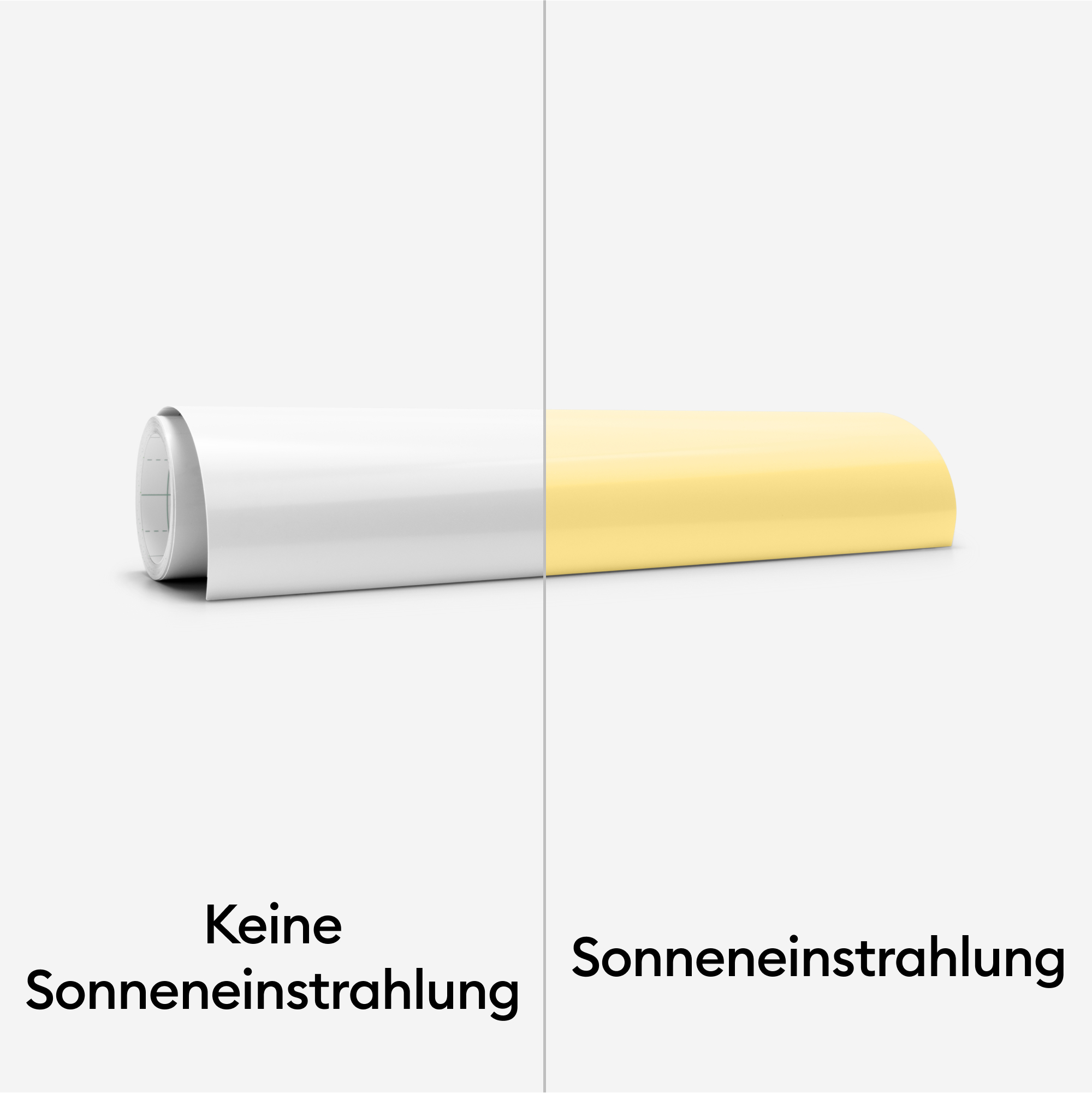 Zwei Papierrollen, eine weiß, die andere gelb. Text: Kein Sonnenlicht und Sonneneinstrahlung.