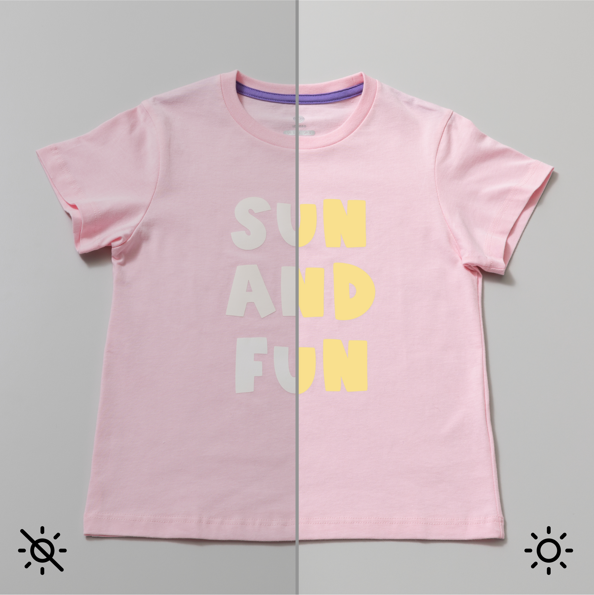 Rosa T-Shirt mit 'SUN AND FUN' in weißen und gelben Buchstaben. Licht- und Schattenkontrast.