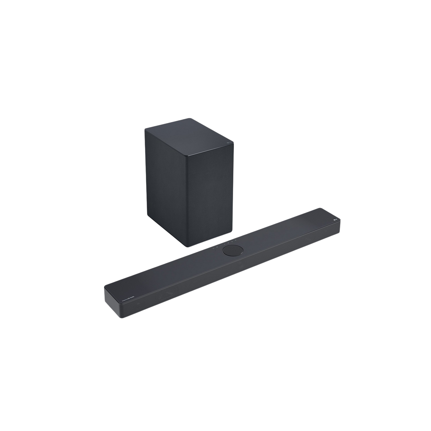 A black soundbar and subwoofer on a black background.