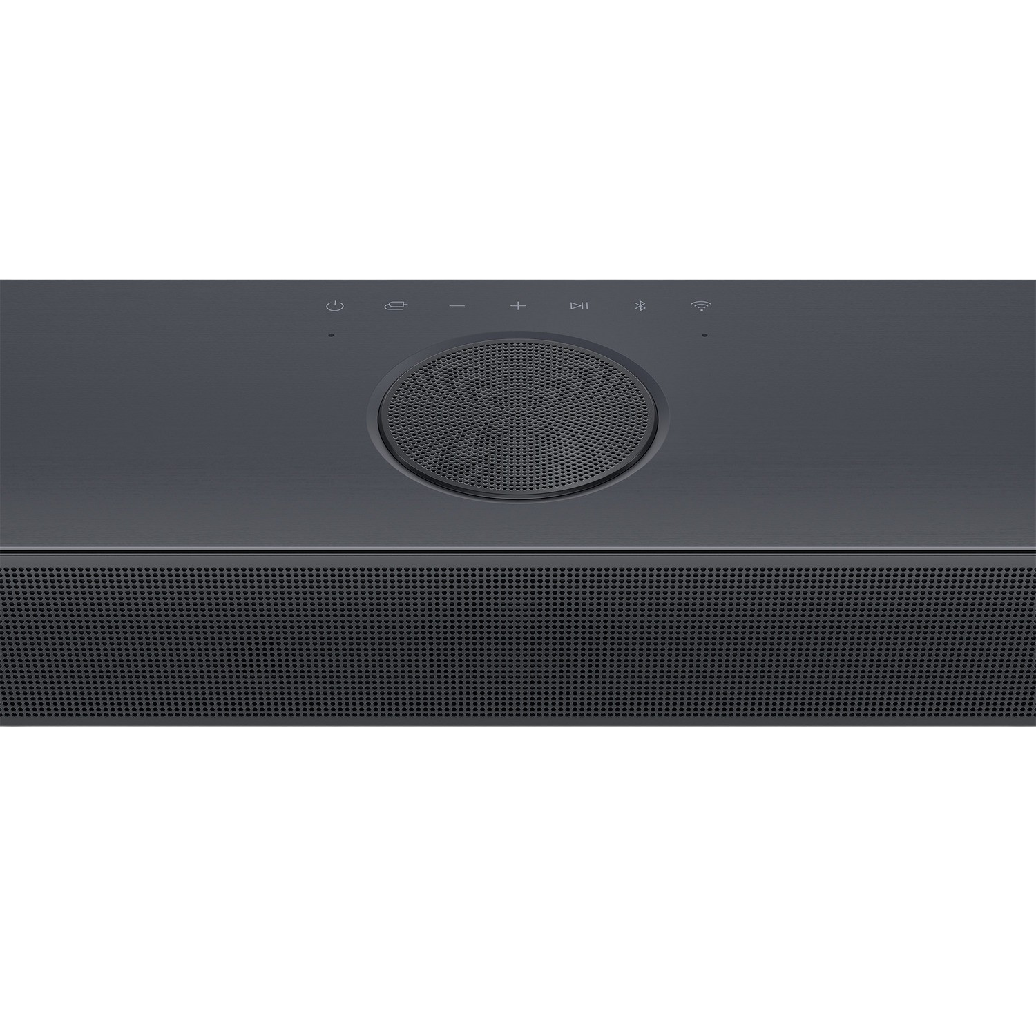 A dark grey soundbar with a round speaker and control buttons on top and a speaker grill below.