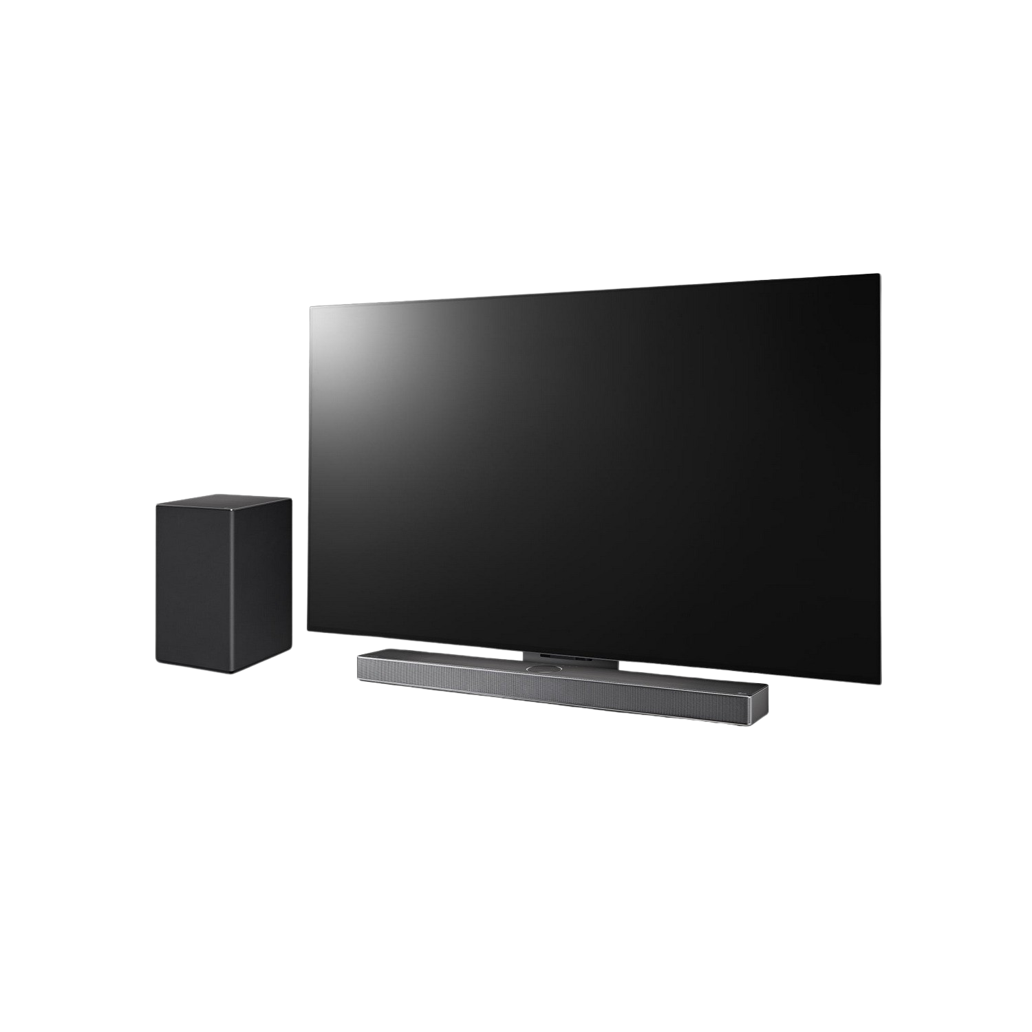A black TV with a soundbar and subwoofer. The TV is on a black background. The soundbar is below the TV.
