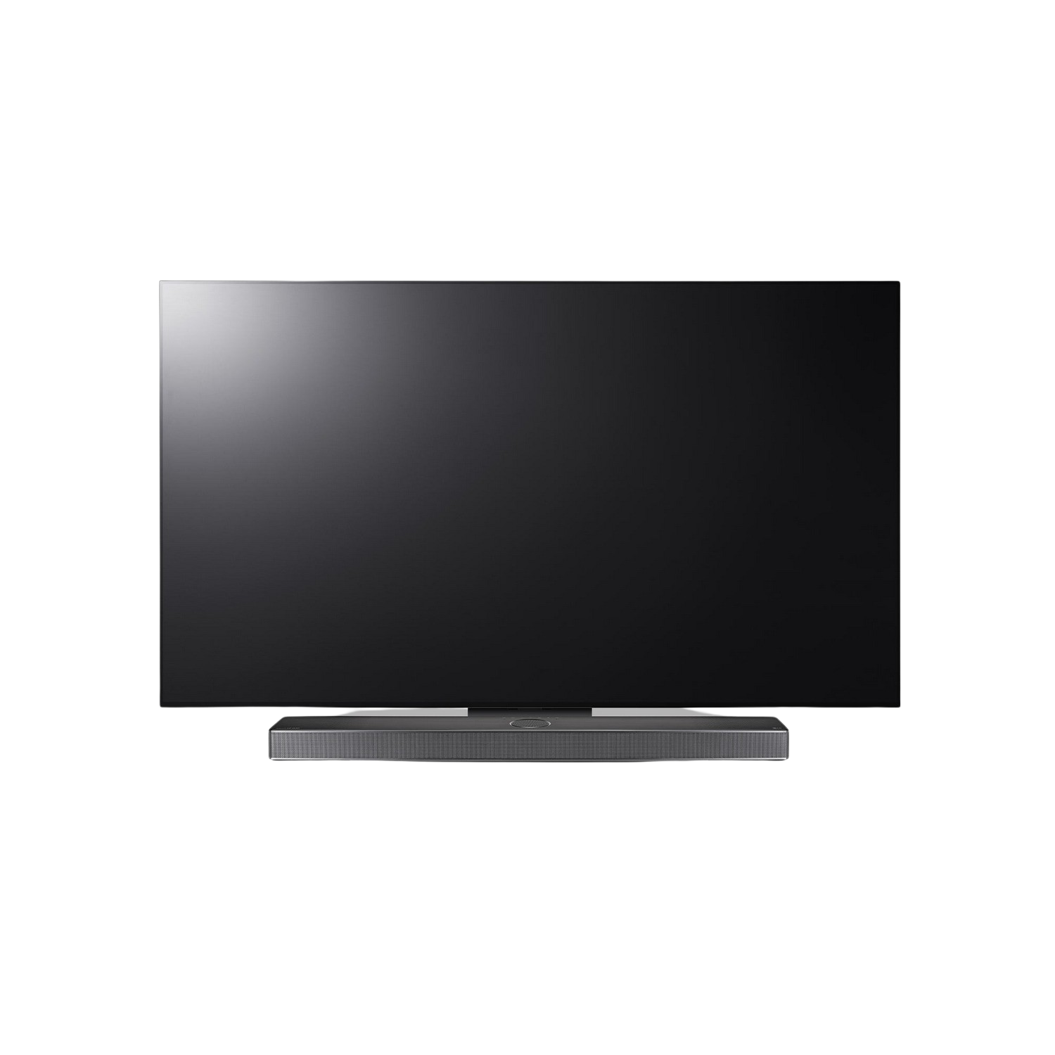 A large, black television resting on a gray soundbar against a black background.