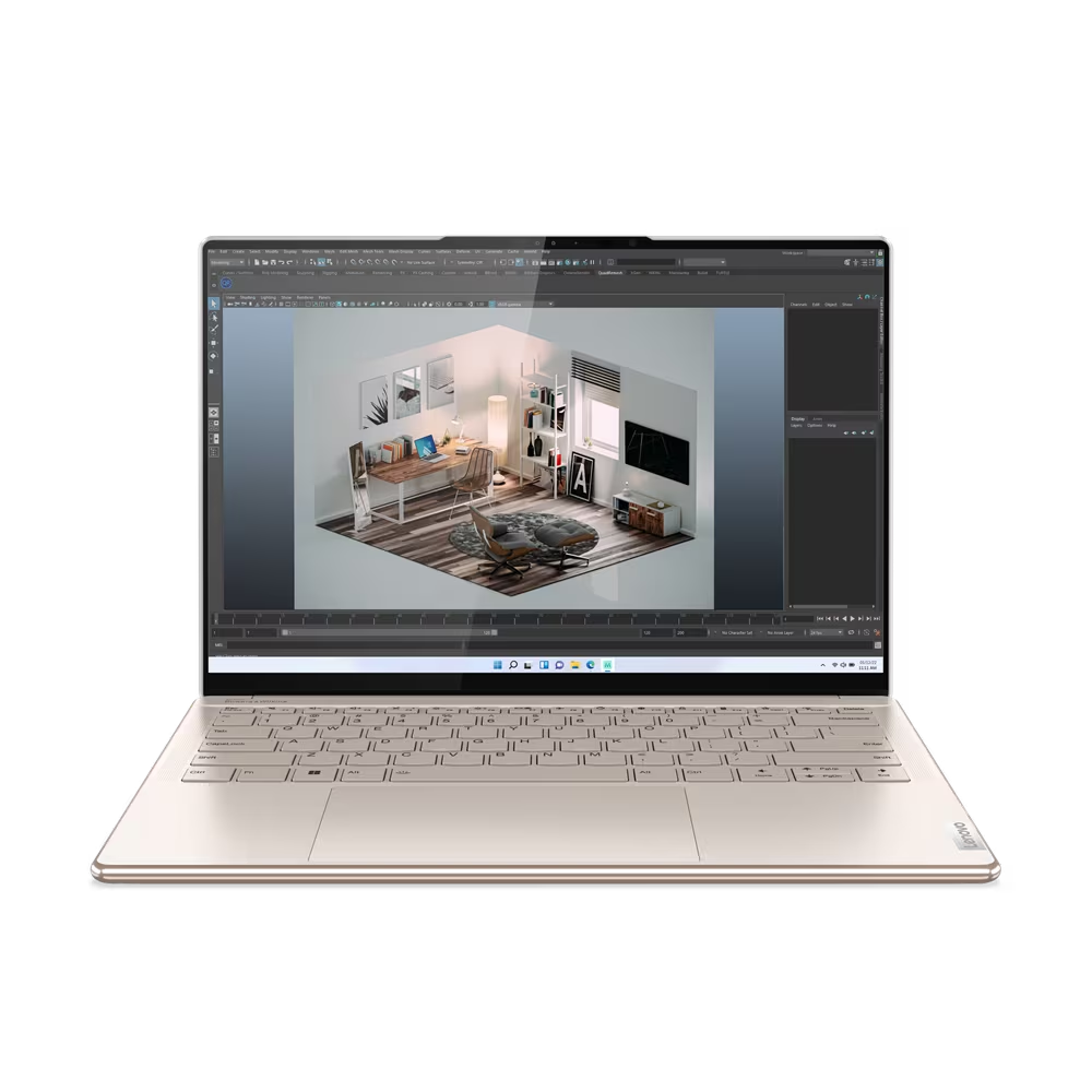 Laptop mostrando diseño de habitación. La escena de la habitación se muestra en la pantalla. Fondo negro.