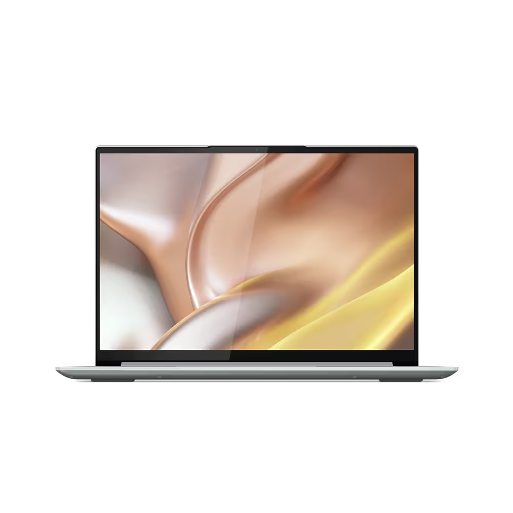 Ordenador portátil con fondo dorado. La pantalla está encendida, mostrando un diseño abstracto.