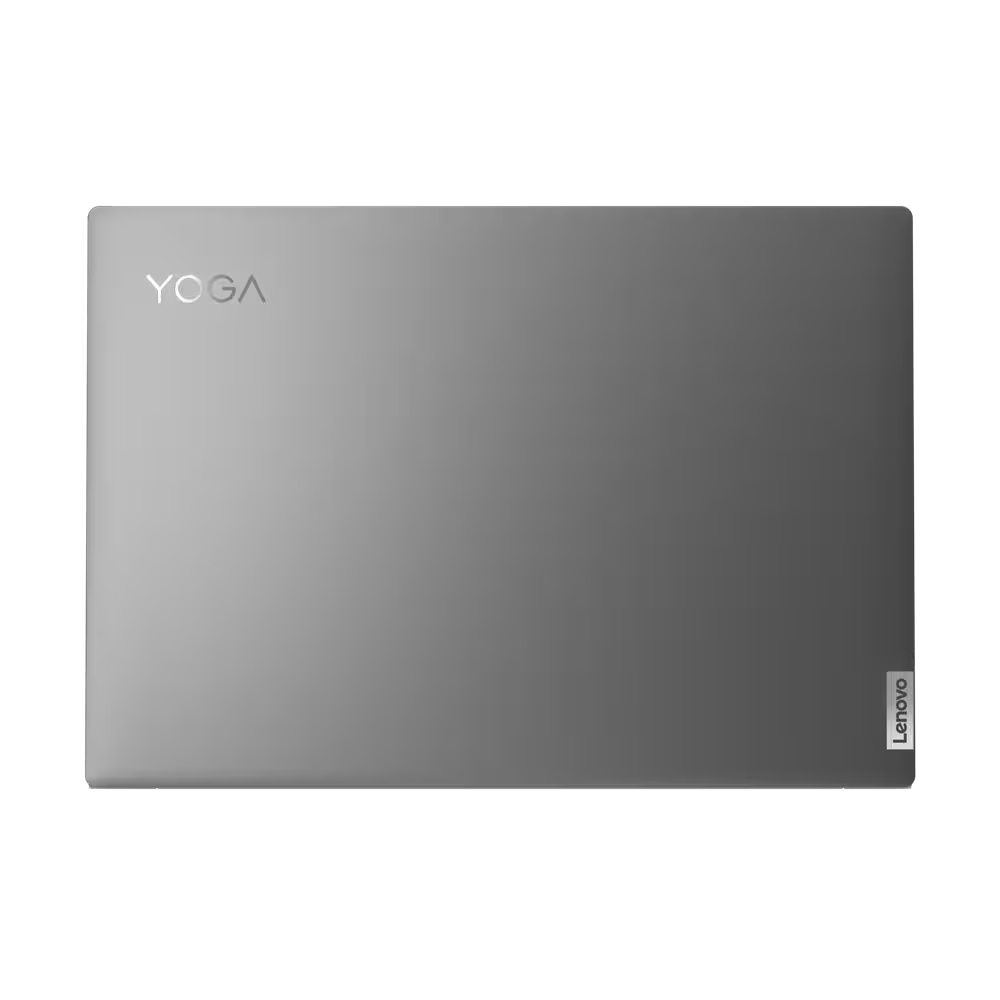 La parte trasera de un portátil Yoga plateado con los logotipos de Yoga y Lenovo.