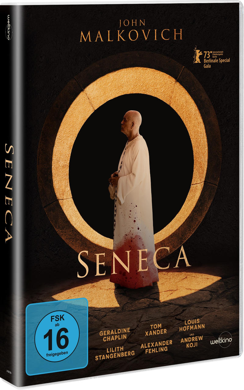 Eine DVD-Hülle für den Film 'Seneca' wird gezeigt. Sie zeigt ein Bild eines Mannes und Text.