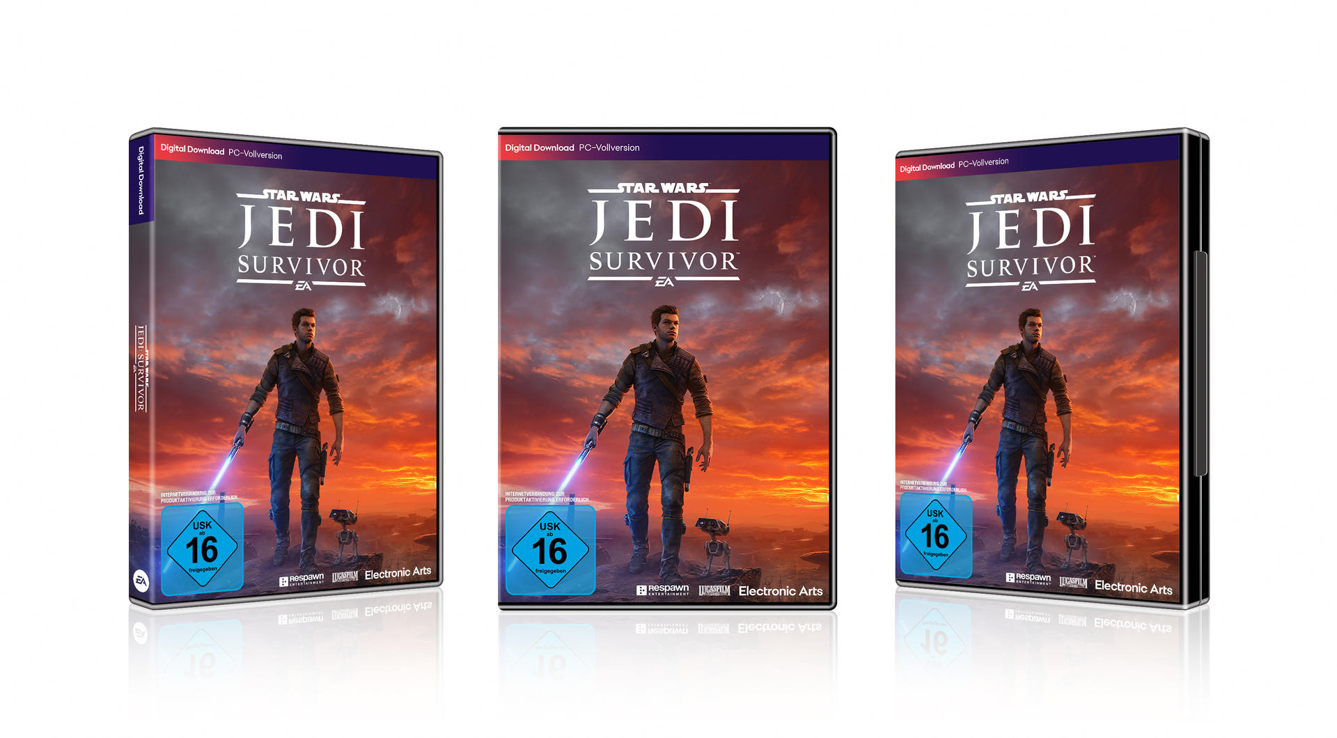 Drei Spielboxen mit dem Spieletitel: Star Wars Jedi Survivor. Das Cover zeigt einen Mann mit Lichtschwert.