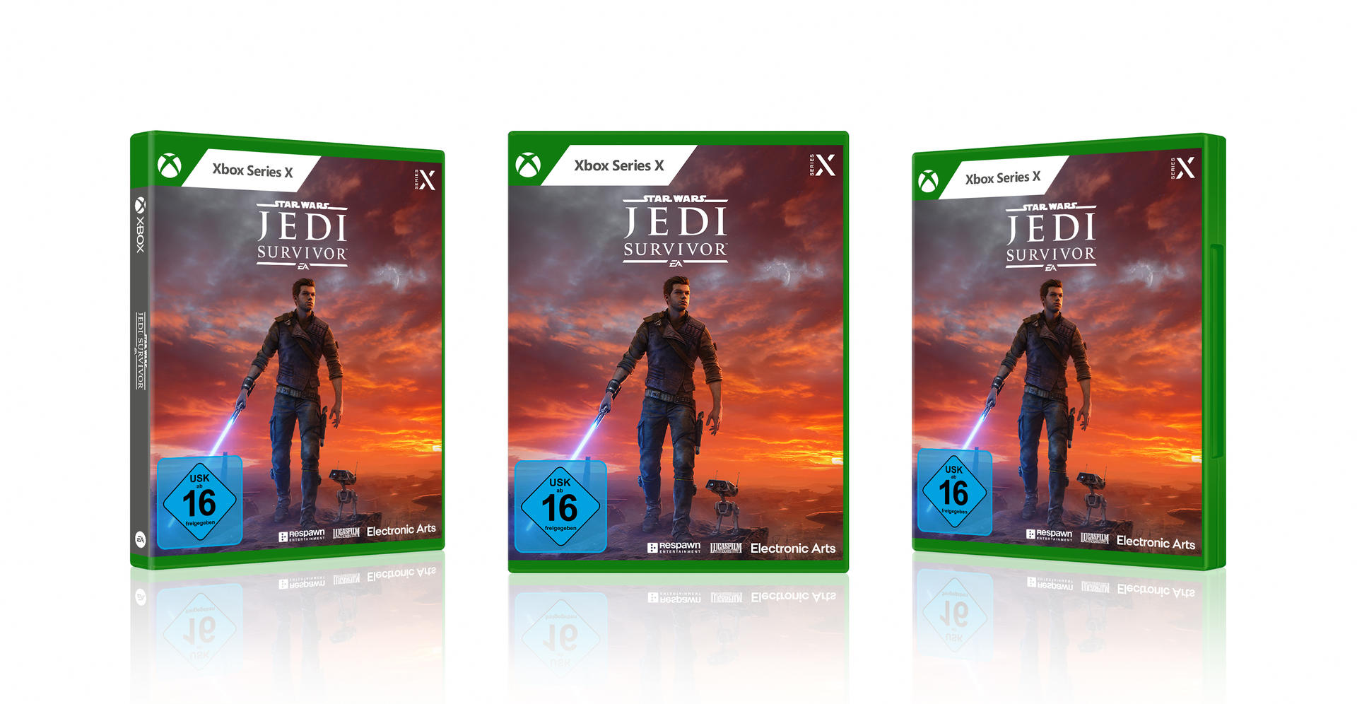 Drei identische Spielboxen für "Star Wars Jedi Survivor" auf weißem Hintergrund.